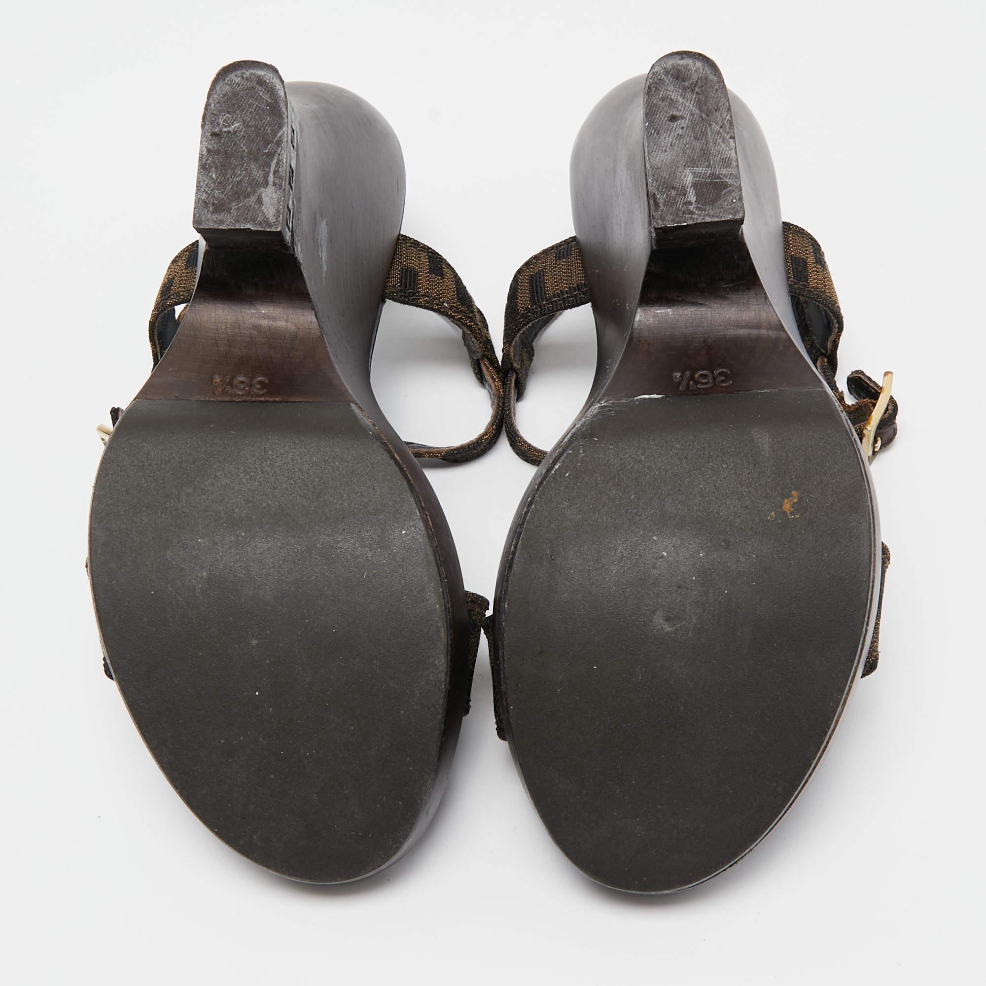 Fendi Brown Canvas FF Block Heel Sandals Size 36.5 4