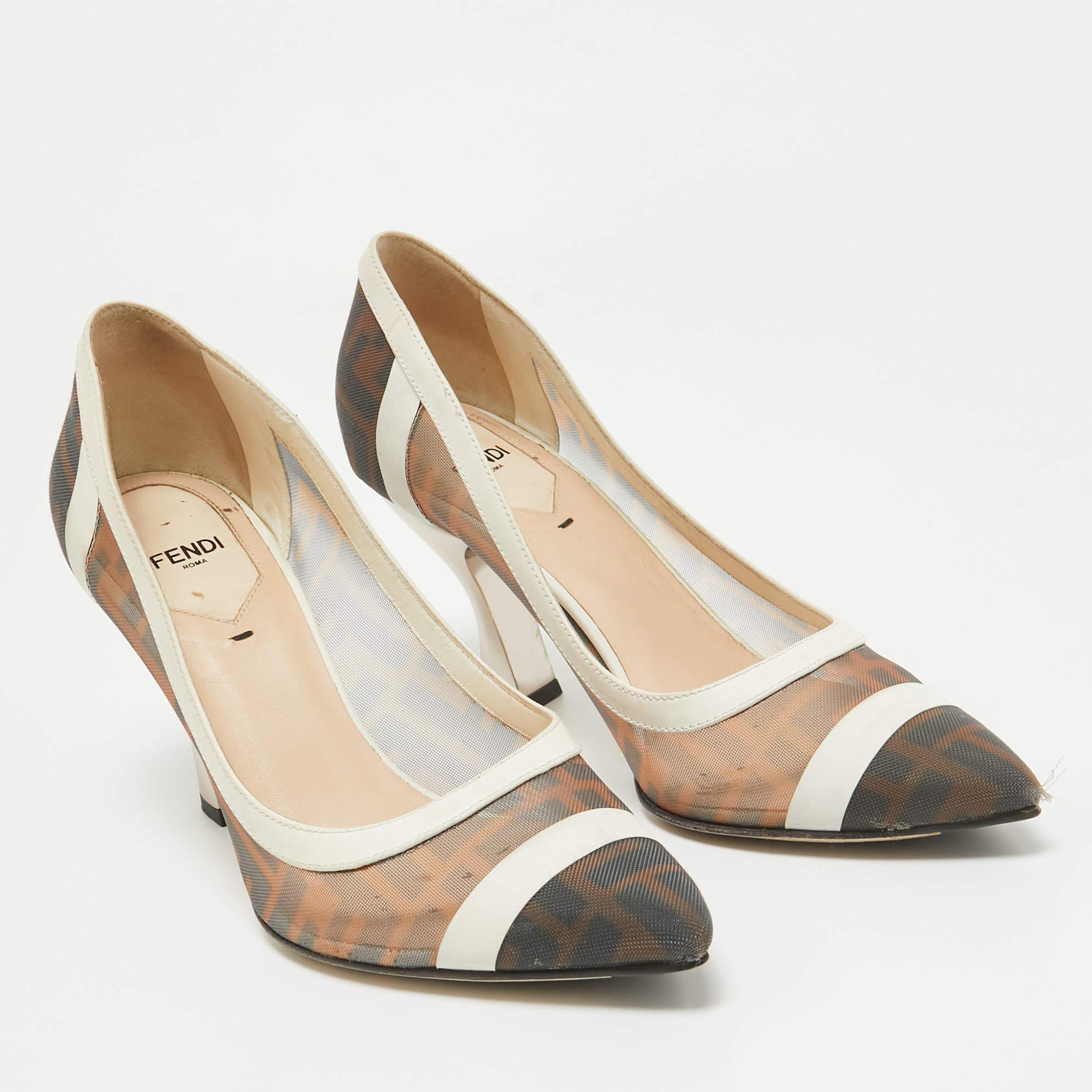Fendi Brown/Cream Mesh and Leather Colibri Pumps Size 38 In Fair Condition In Dubai, Al Qouz 2
