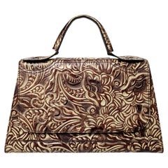 Fendi Brown & Cream Tooled Leather Top Handle Flap Bag circa 1990s