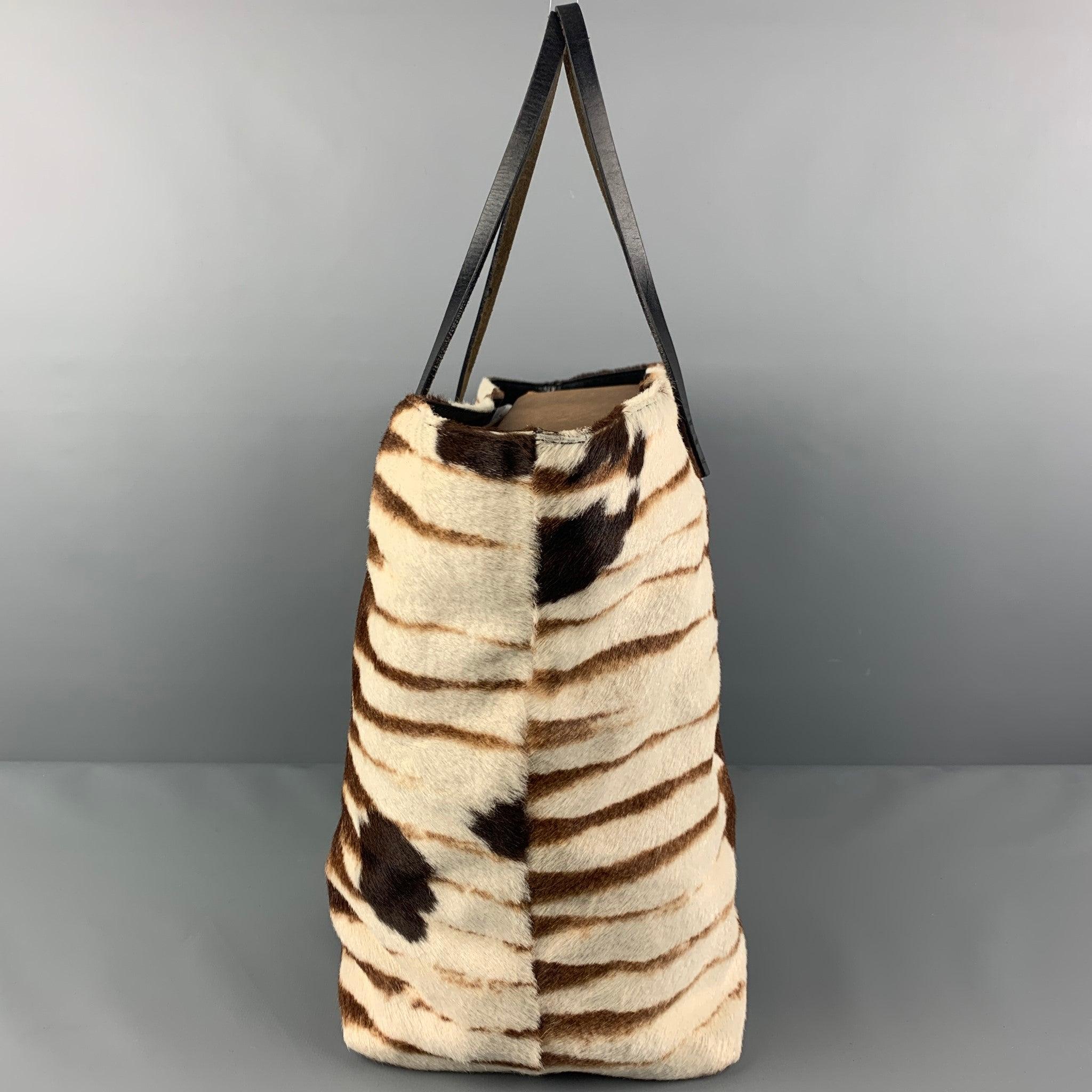 FENDI Brown Cream Zebra Leather Calf Hair Tote Bag In Good Condition In San Francisco, CA