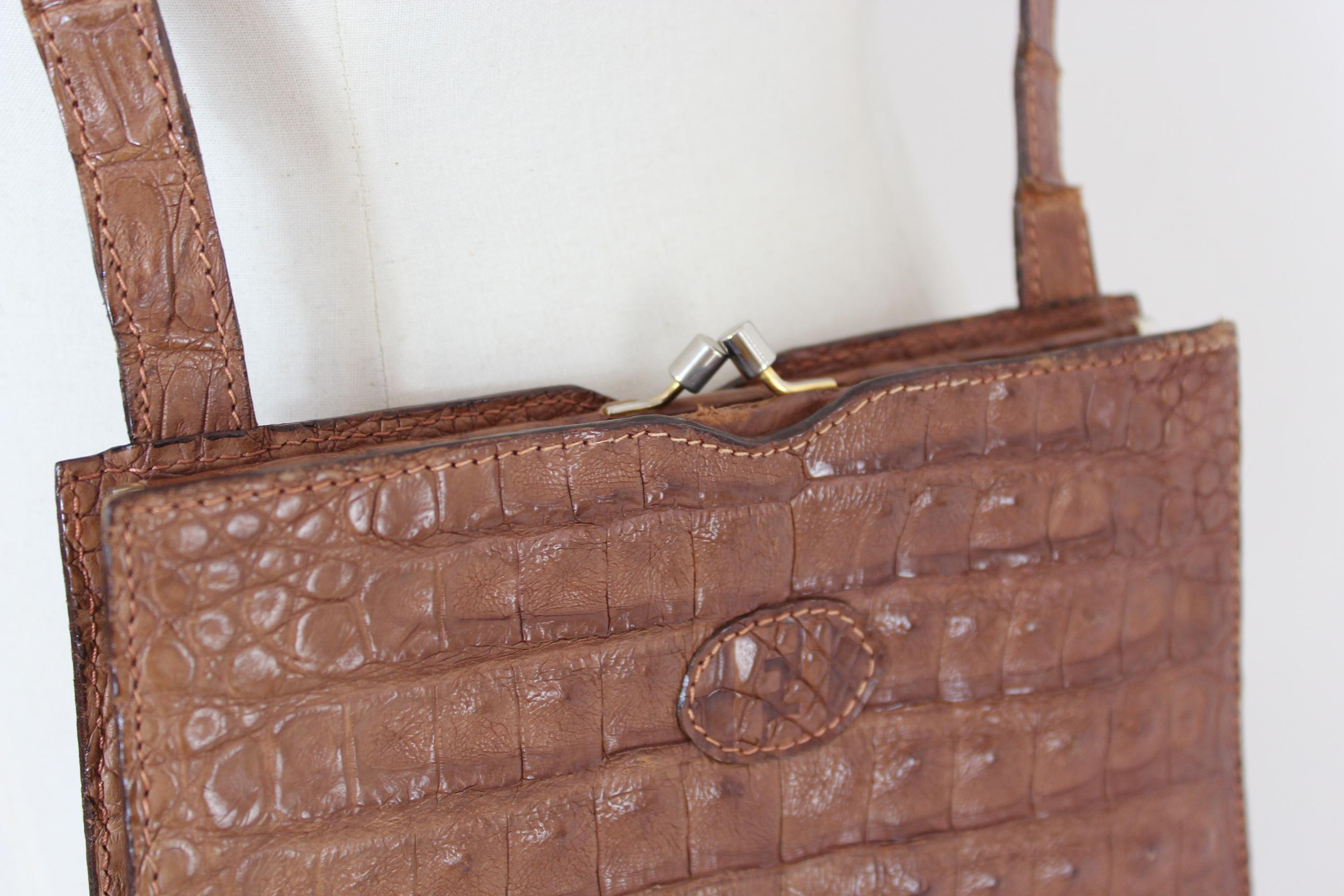 Fendi Brown Crocodile Leather Crossbody Bag 1980s Golden Insert Monogram Lining 3
