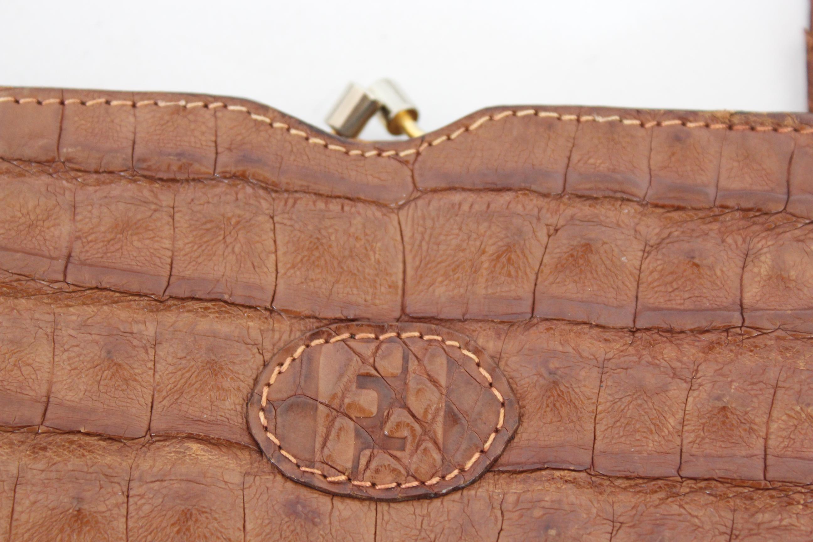 Women's Fendi Brown Crocodile Leather Crossbody Bag 1980s Golden Insert Monogram Lining