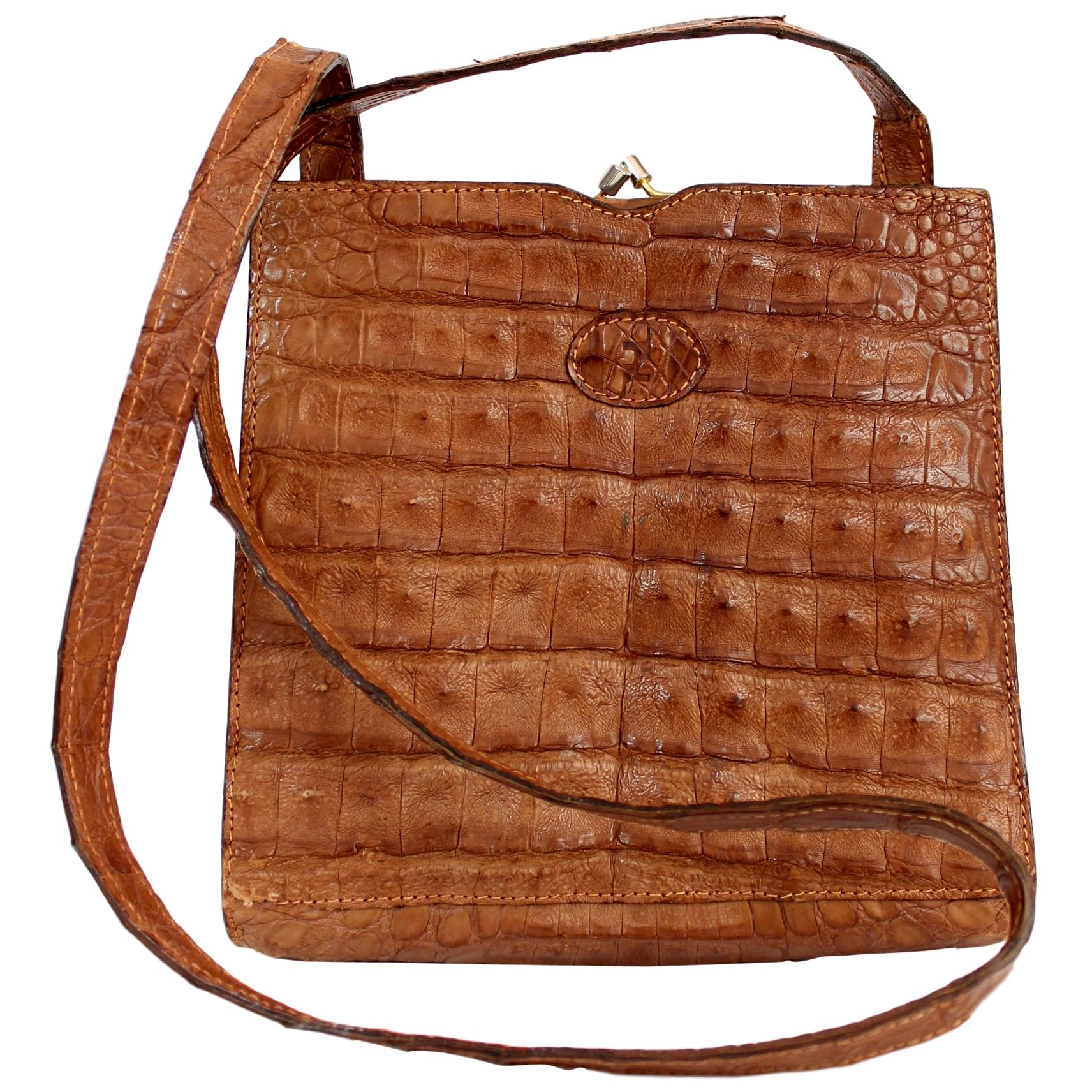 Fendi Brown Crocodile Leather Crossbody Bag 1980s Golden Insert Monogram Lining