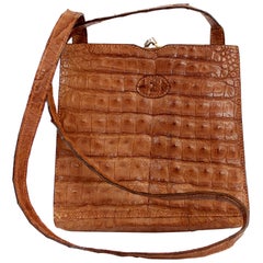 Retro Fendi Brown Crocodile Leather Crossbody Bag 1980s Golden Insert Monogram Lining