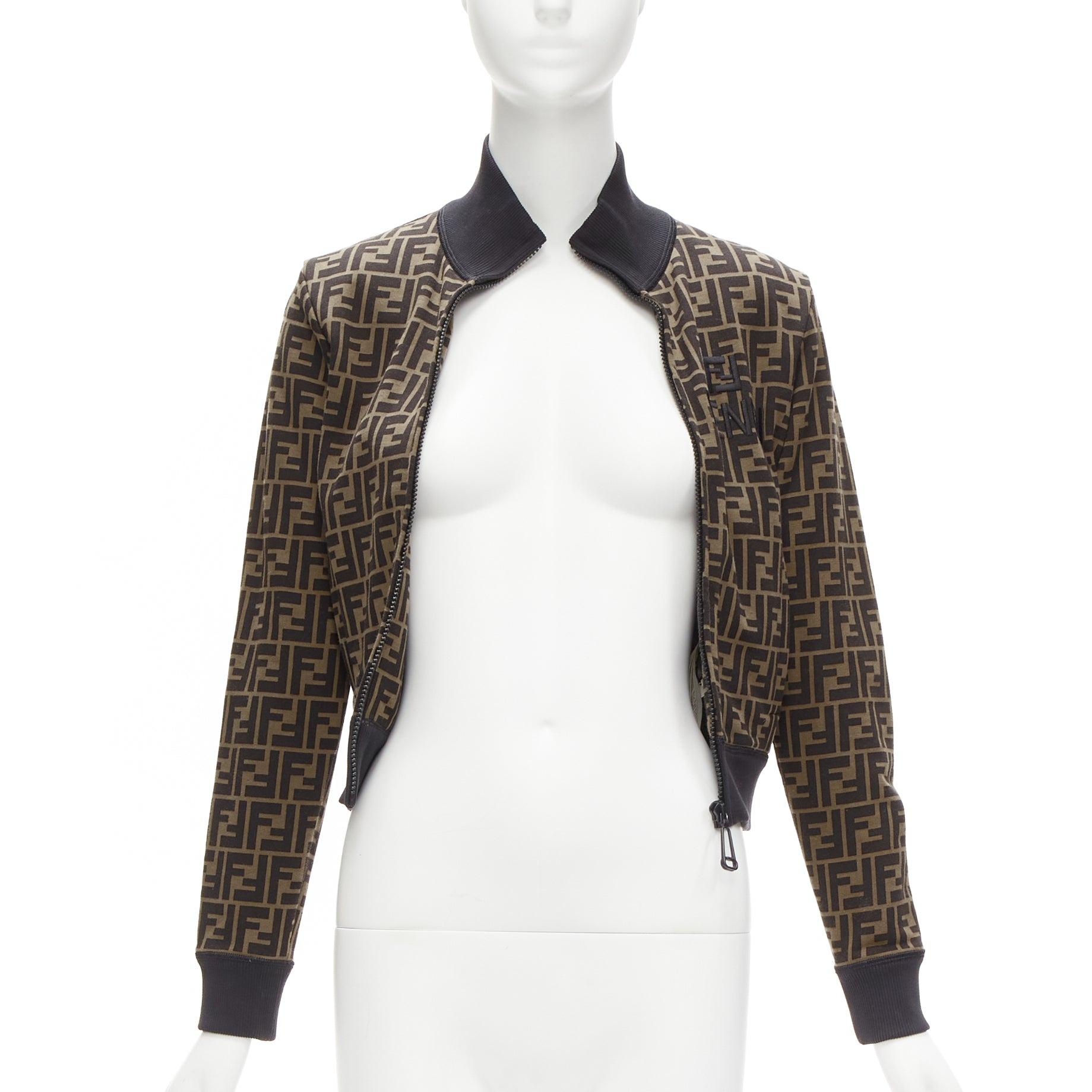 Black FENDI brown FF embroidery Zucca monogram cotton cropped track jacket IT40 S For Sale