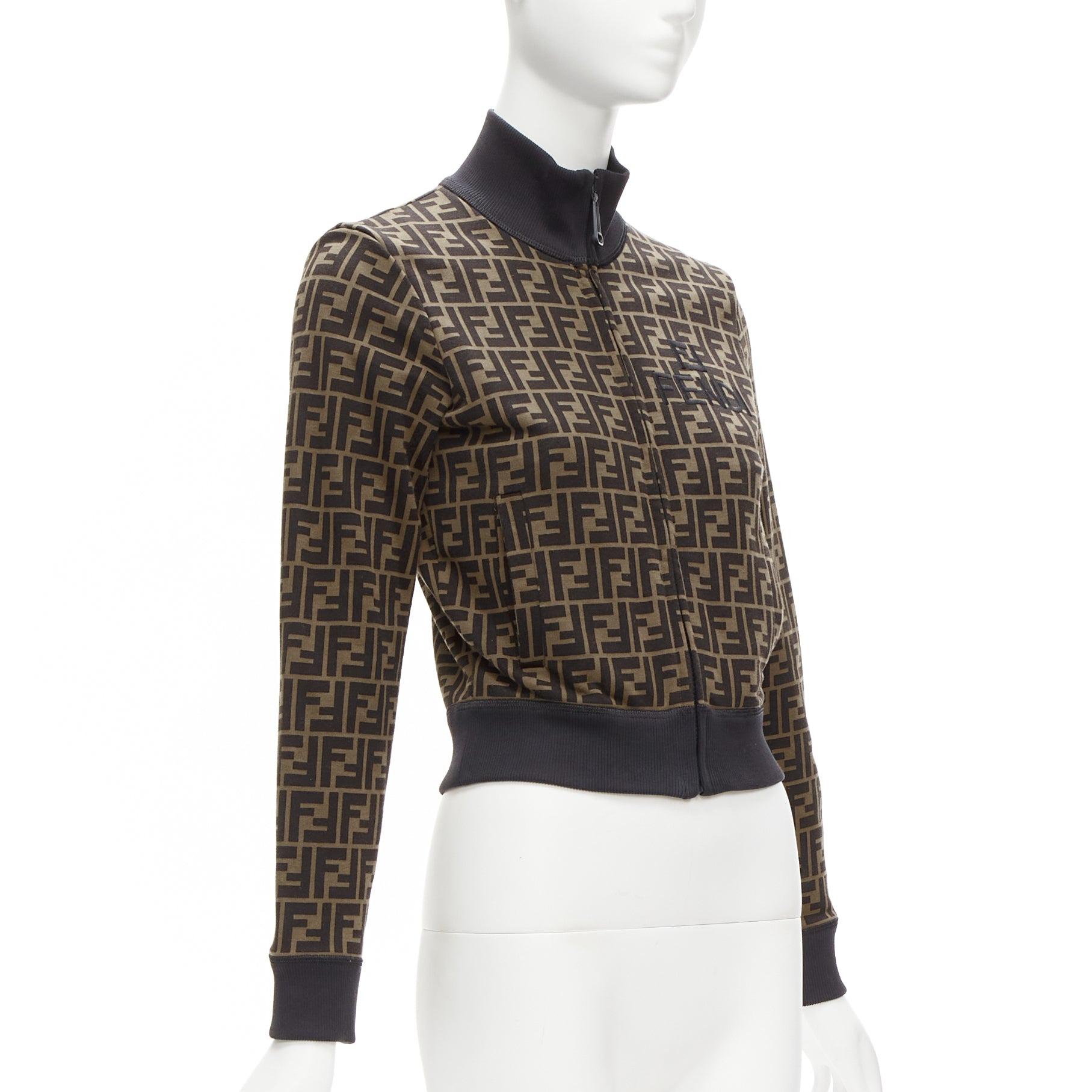 FENDI brown FF embroidery Zucca monogram cotton cropped track jacket IT40 S In Good Condition For Sale In Hong Kong, NT