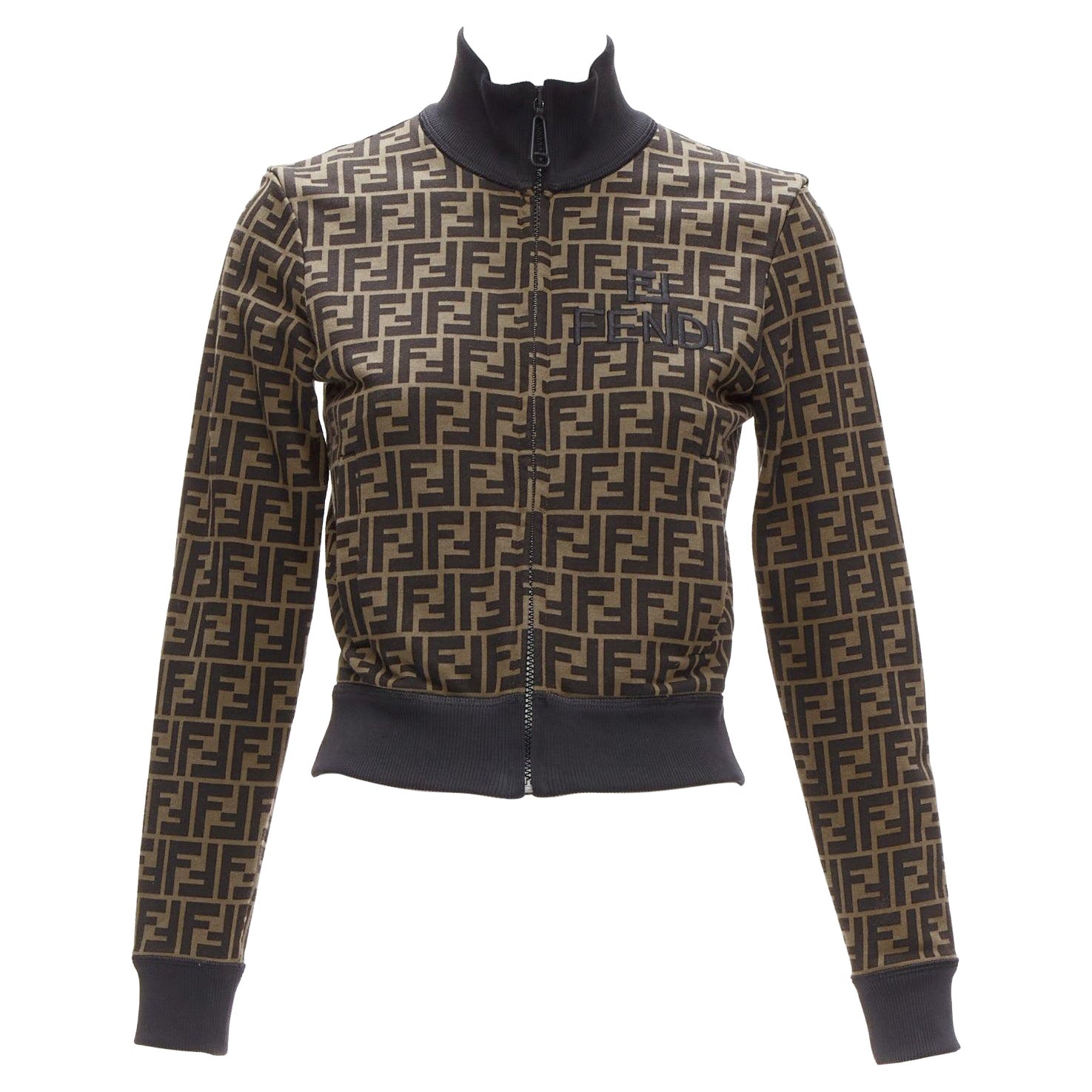 FENDI brown FF embroidery Zucca monogram cotton cropped track jacket IT40 S