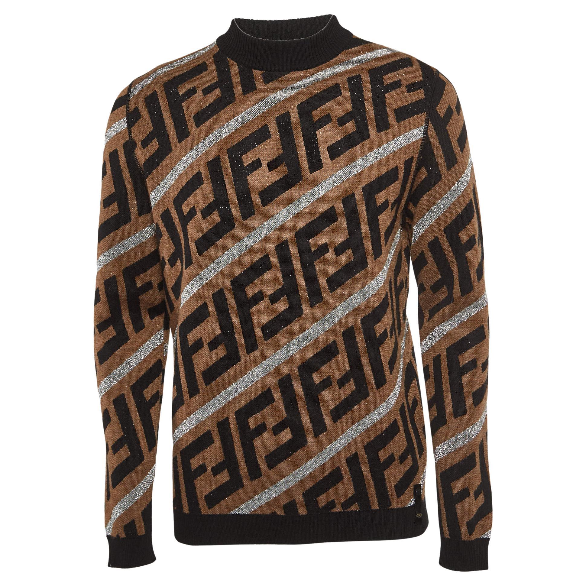 Fendi Brown FF Intarsia Lurex Knit Prints-On Sweater M For Sale