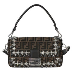 Fendi Brown FF Jacquard Strass Crystal Embellished Baguette Bag