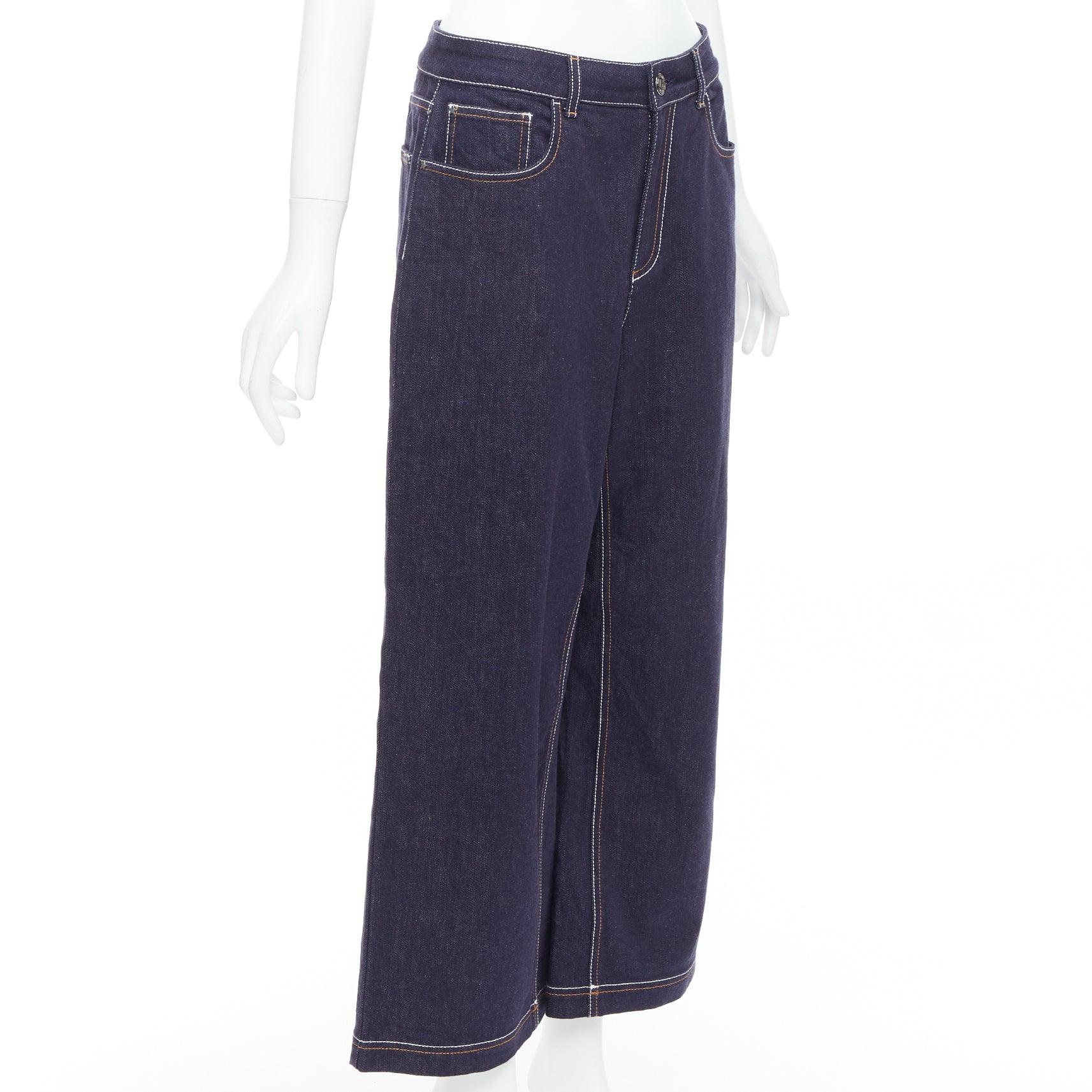 Black FENDI brown FF logo patch contrast stitch cropped wide leg jeans IT44 L For Sale
