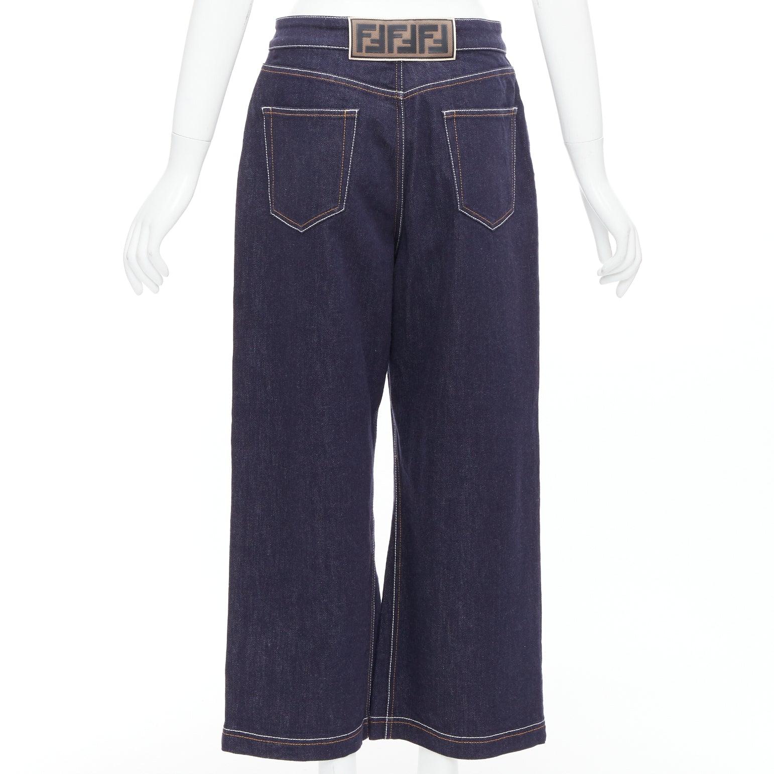 Women's FENDI brown FF logo patch contrast stitch cropped wide leg jeans IT44 L For Sale