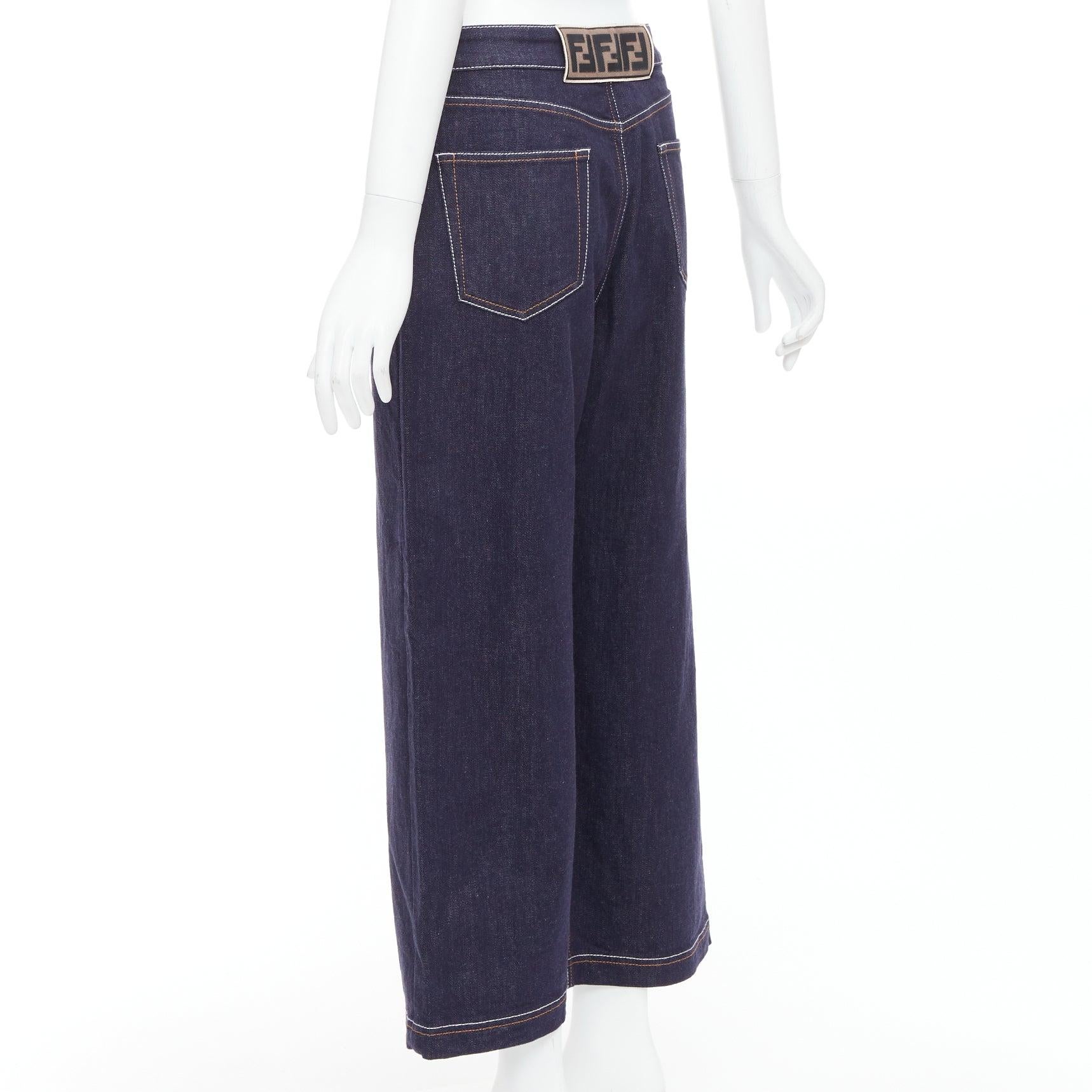 FENDI brown FF logo patch contrast stitch cropped wide leg jeans IT44 L For Sale 1
