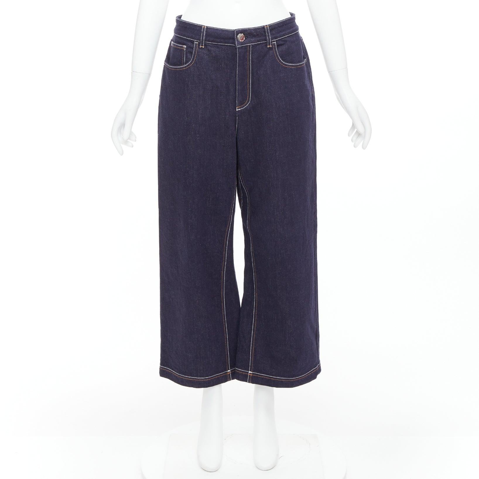 FENDI brown FF logo patch contrast stitch cropped wide leg jeans IT44 L For Sale 4