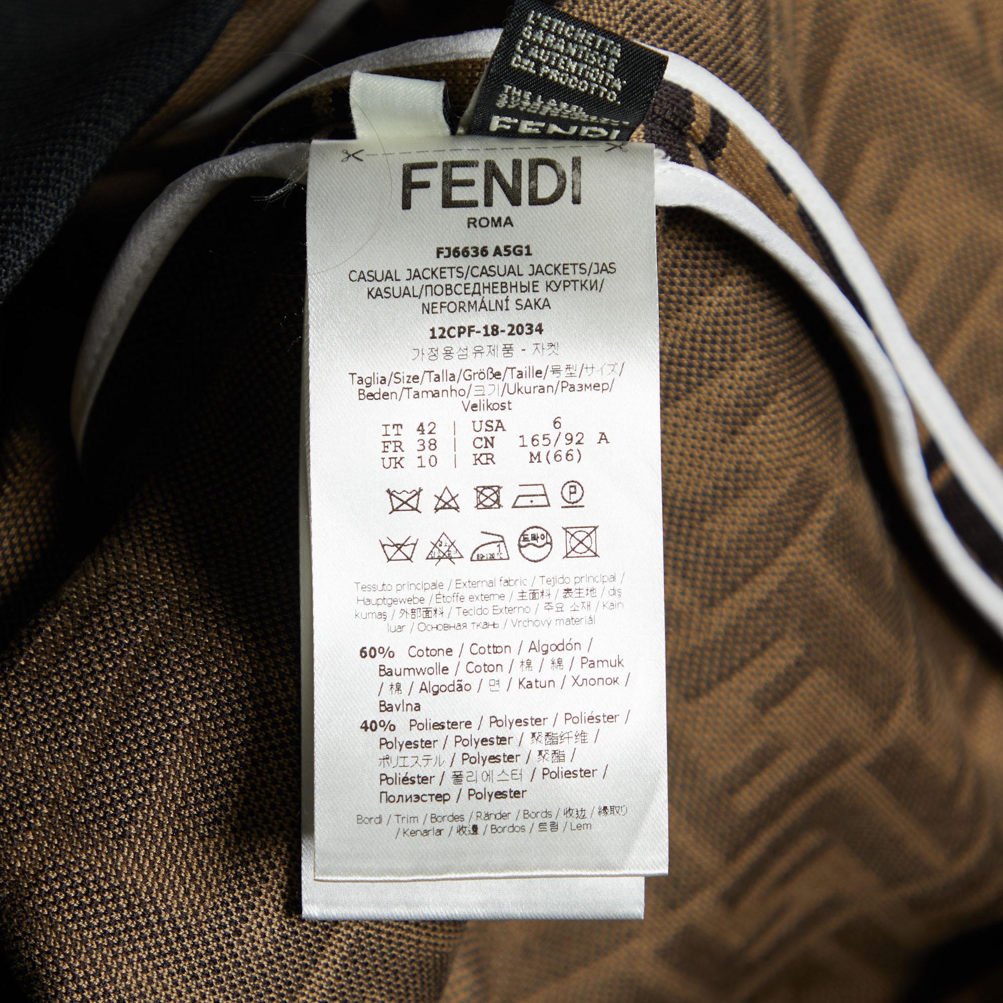 Women's Fendi Brown FF Logo Pattern Jersey Oversized Zip Up Jacket M For Sale