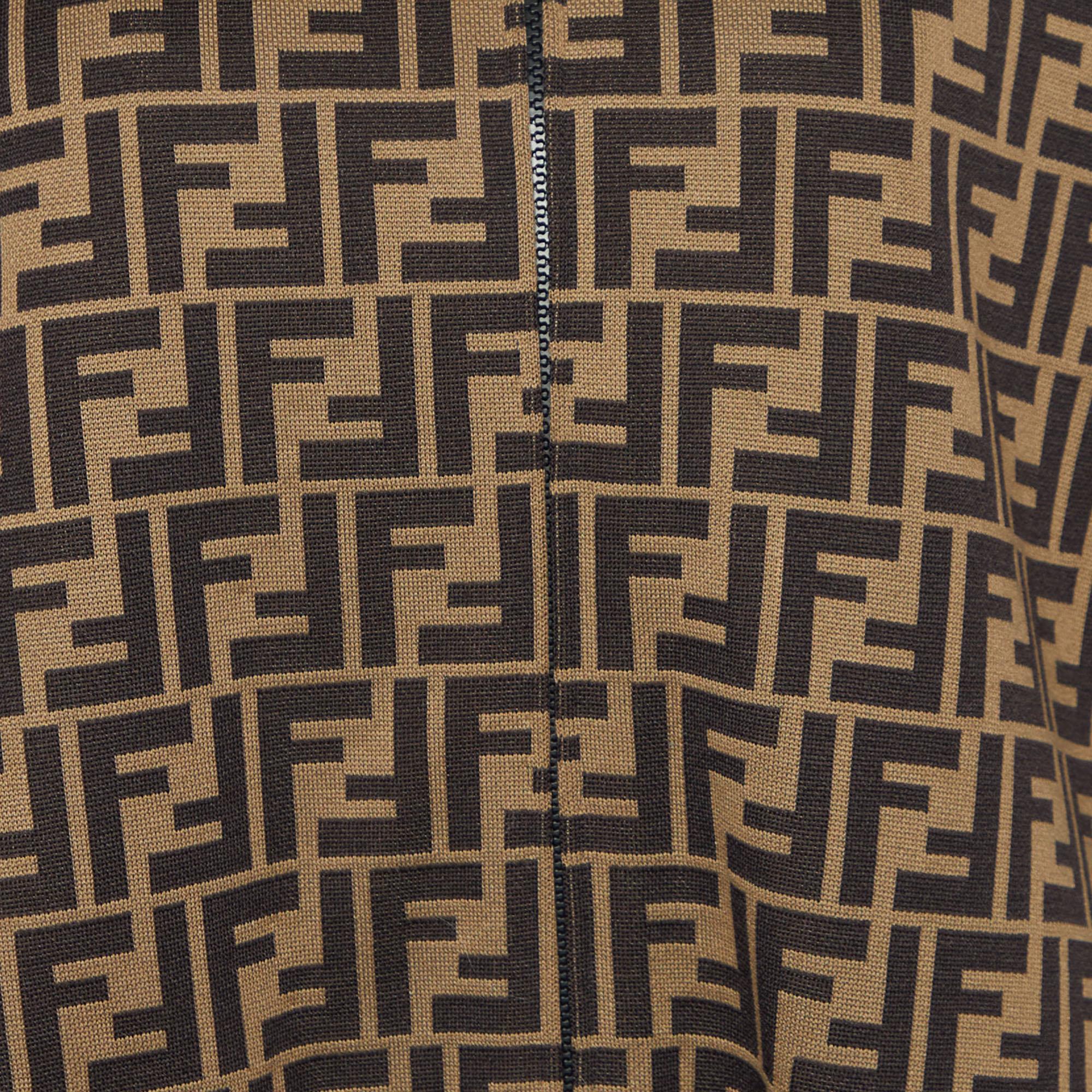 Fendi Brown FF Logo Pattern Jersey Oversized Zip Up Jacket M For Sale 2