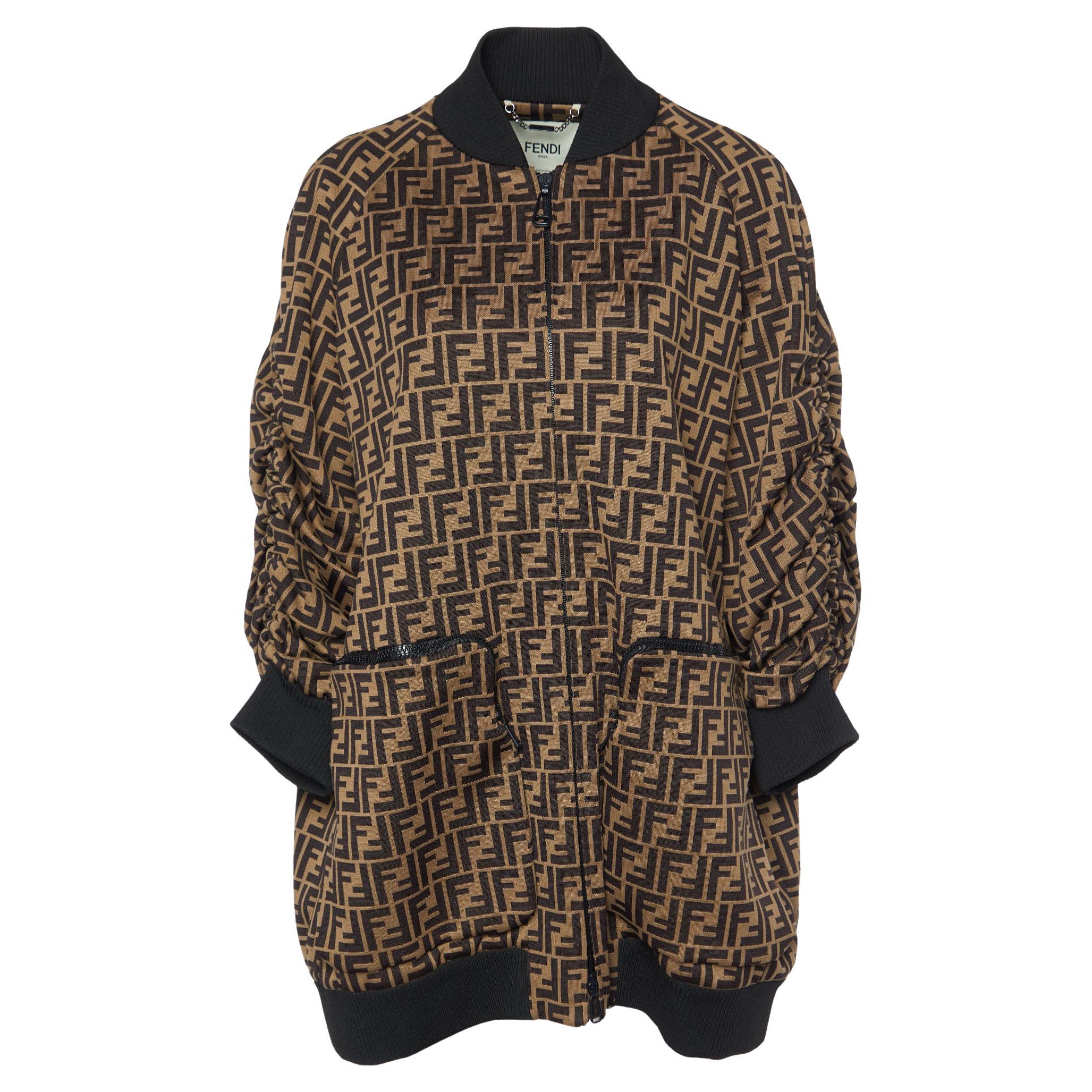 Fendi Brown FF Logo Pattern Jersey Oversized Zip Up Jacket M For Sale