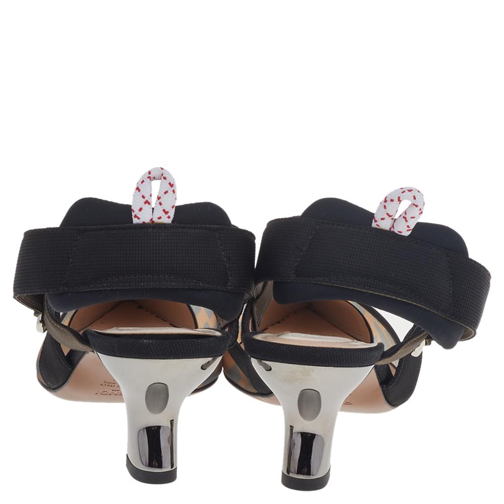 Black Fendi Brown FF Mesh An Leather Colibri Slingback Sandals Size 38.5
