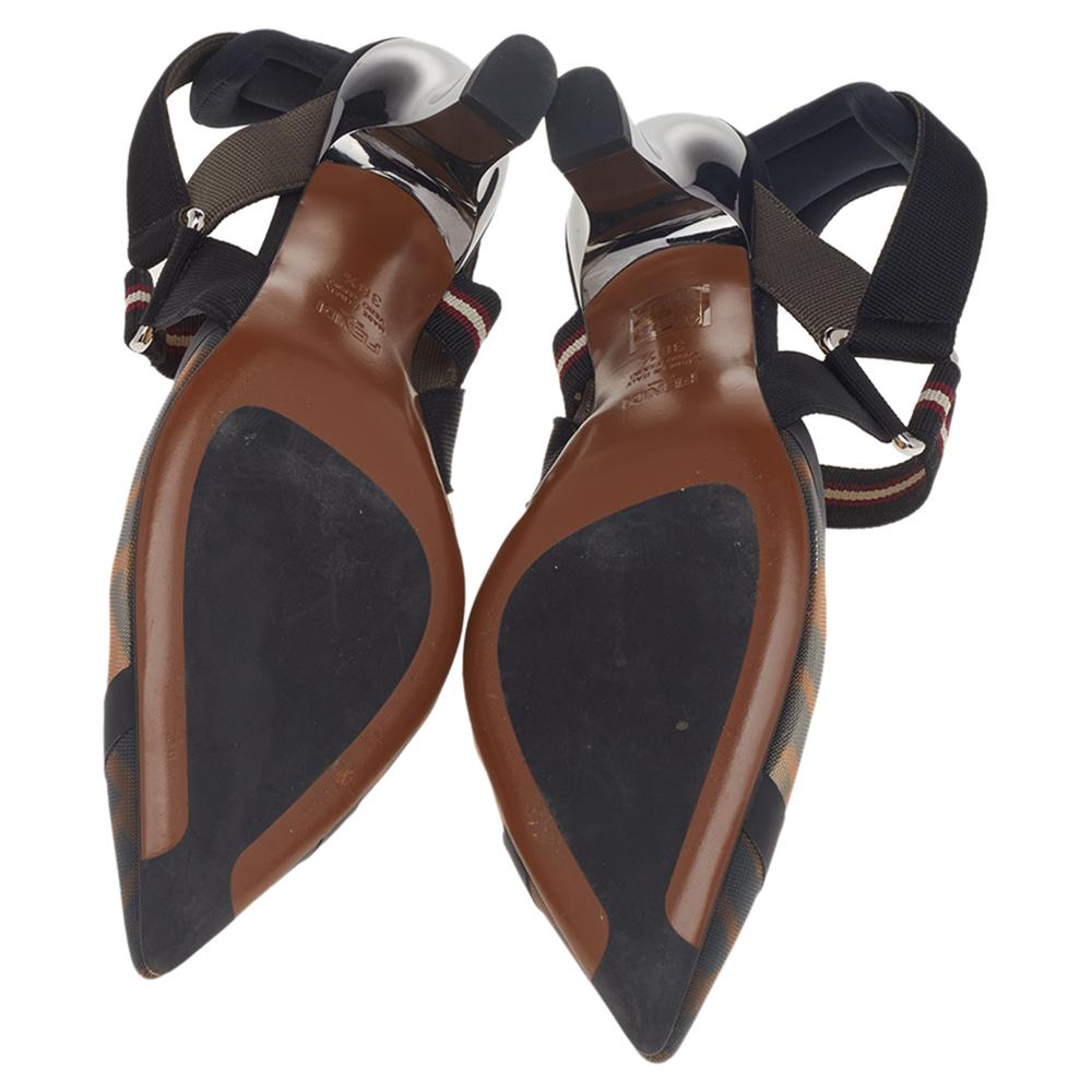 Fendi Brown FF Mesh An Leather Colibri Slingback Sandals Size 38.5 In Good Condition In Dubai, Al Qouz 2