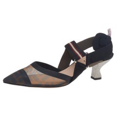 Fendi Brown FF Mesh An Leather Colibri Slingback Sandals Size 38.5