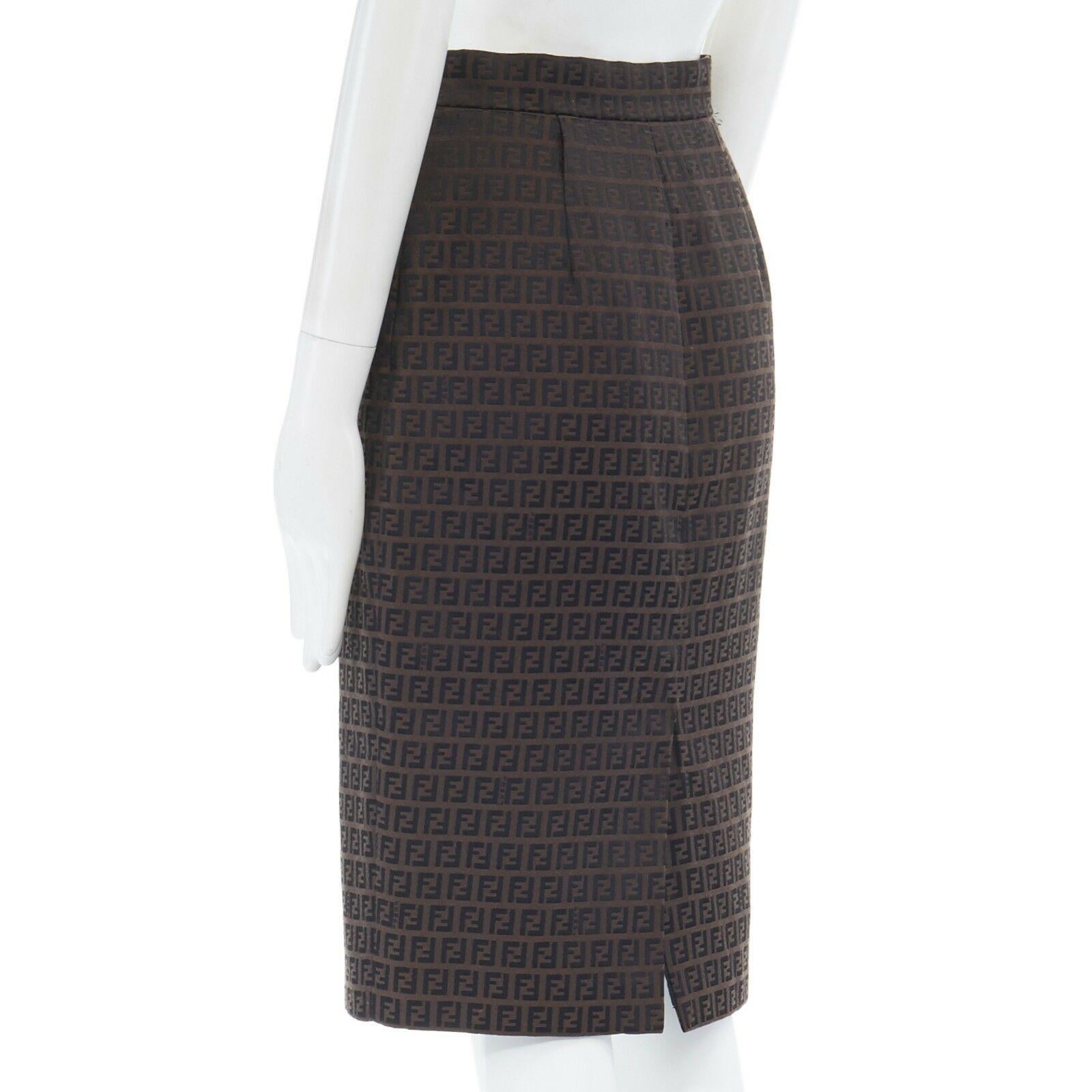 FENDI brown FF monogram jacquard slit back knee length pencil skirt IT40 In Excellent Condition In Hong Kong, NT