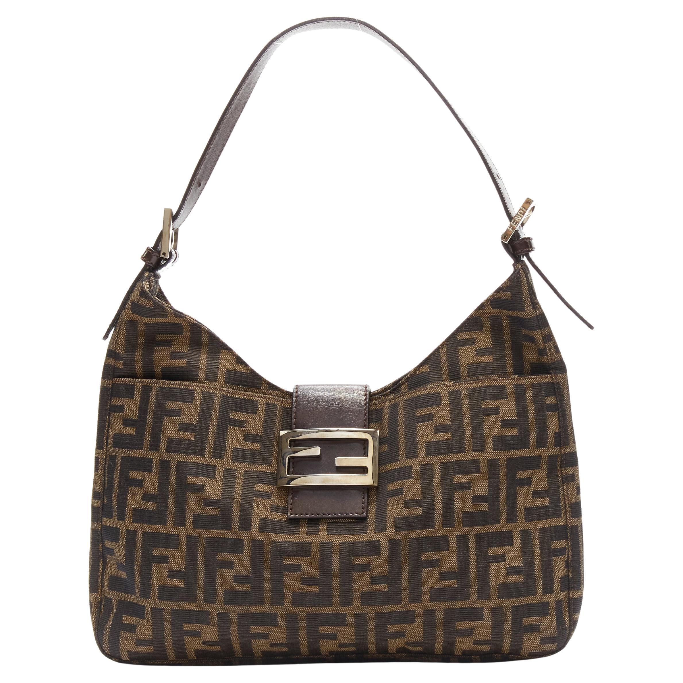 FENDI brown FF Zucca monogram silver buckle top handle underarm hobo bag