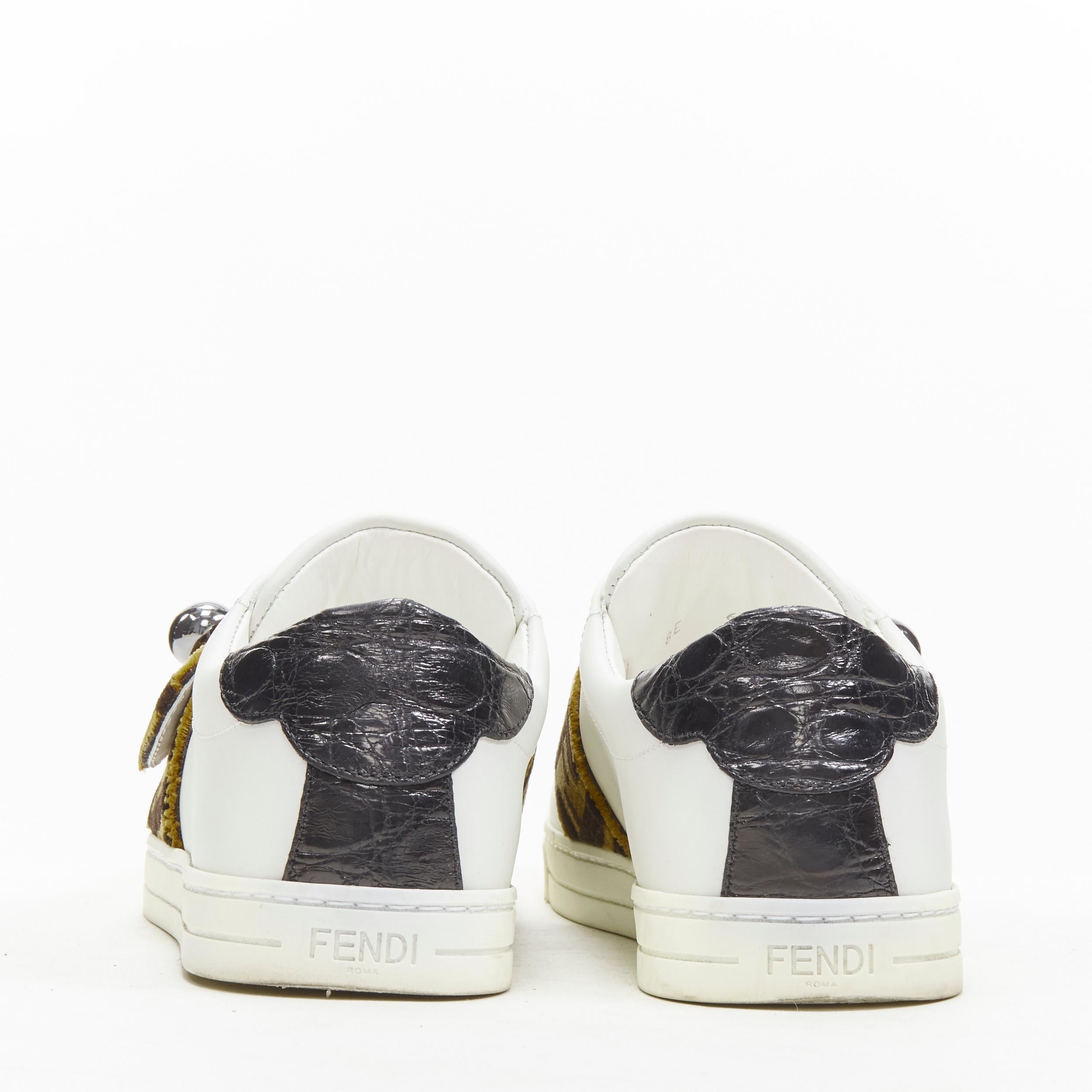 Women's FENDI brown FF Zucca monogram velvet strap white leather sneaker EU36
