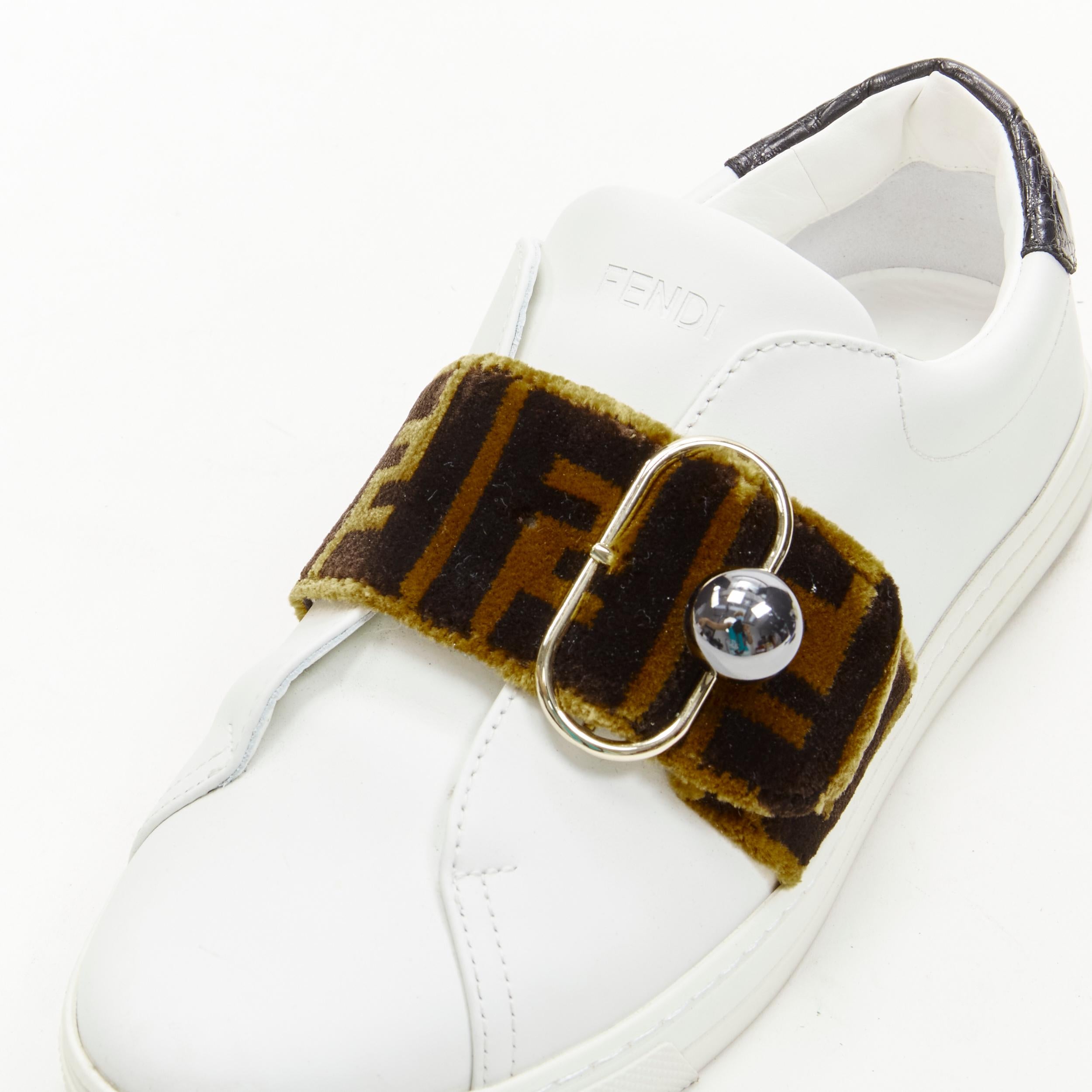 FENDI brown FF Zucca monogram velvet strap white leather sneaker EU36 2