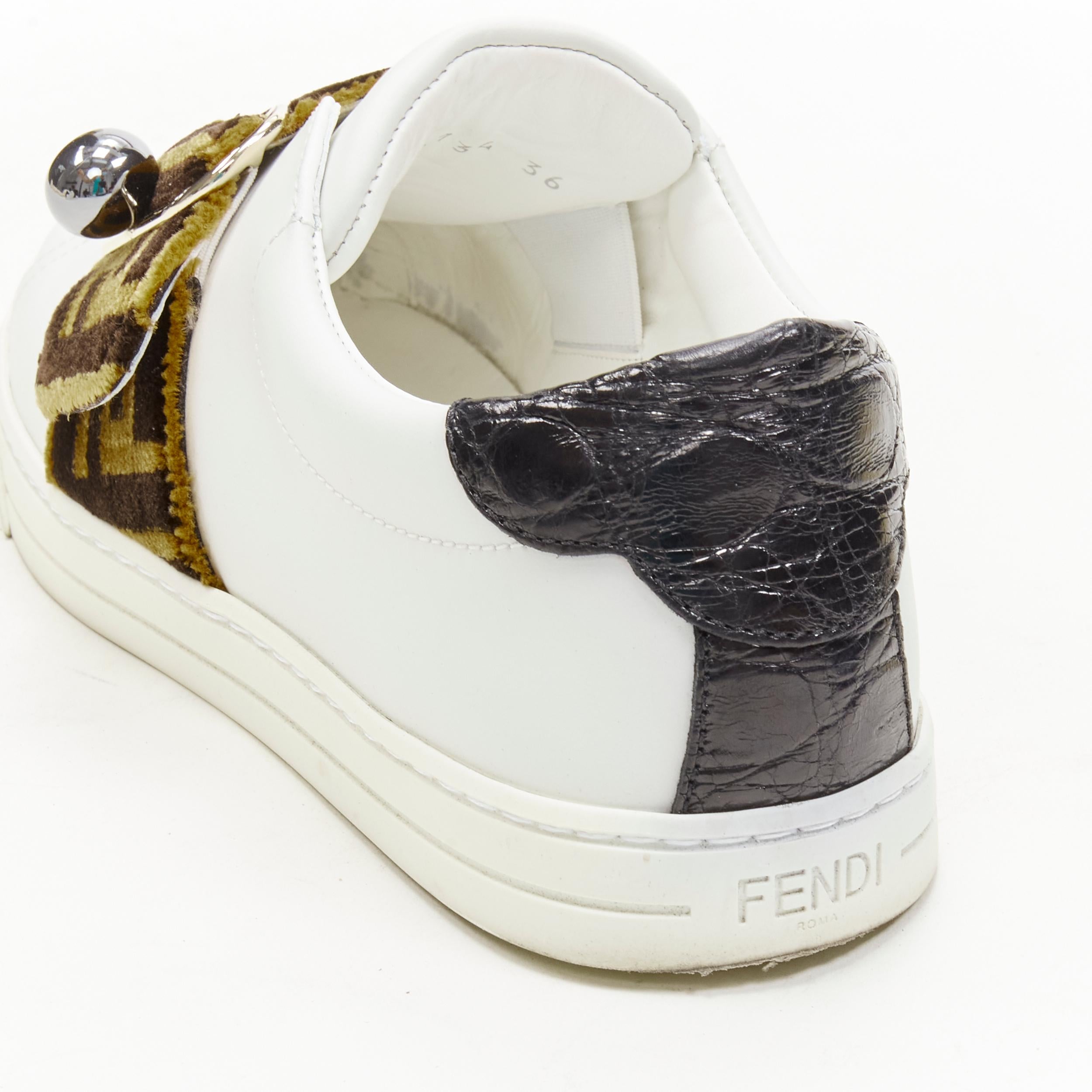 FENDI brown FF Zucca monogram velvet strap white leather sneaker EU36 3