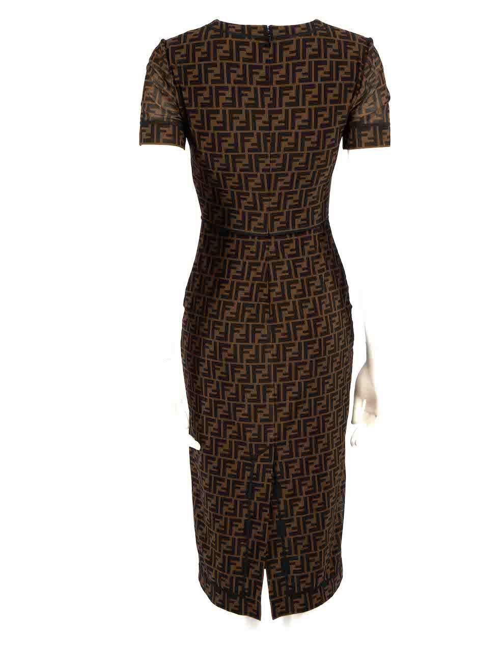 Fendi Brown FF Zucca Print Mesh Midi Dress Size XS In Excellent Condition For Sale In London, GB