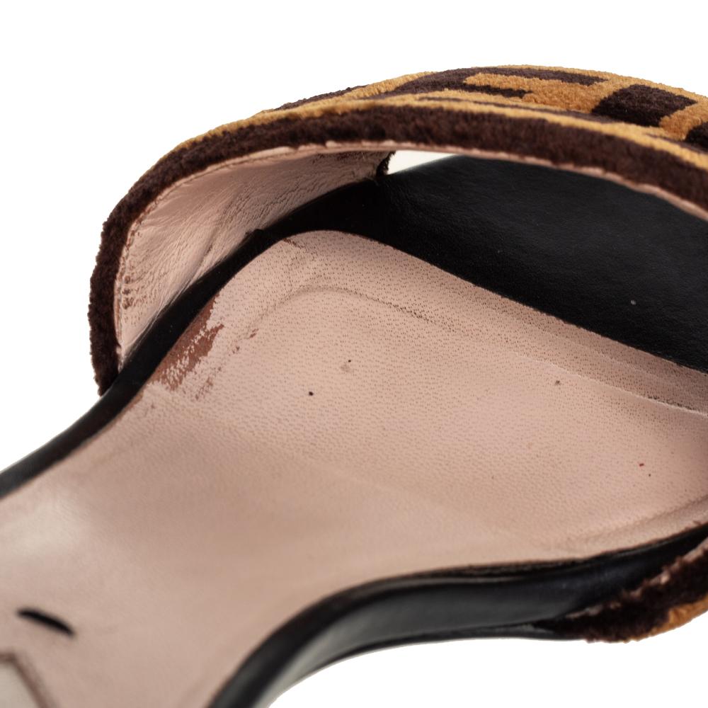 Black Fendi Brown FF Zucca Velvet Slide Sandals Size 37
