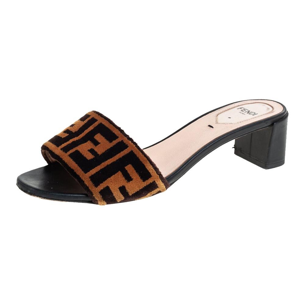 Fendi Brown FF Zucca Velvet Slide Sandals Size 37