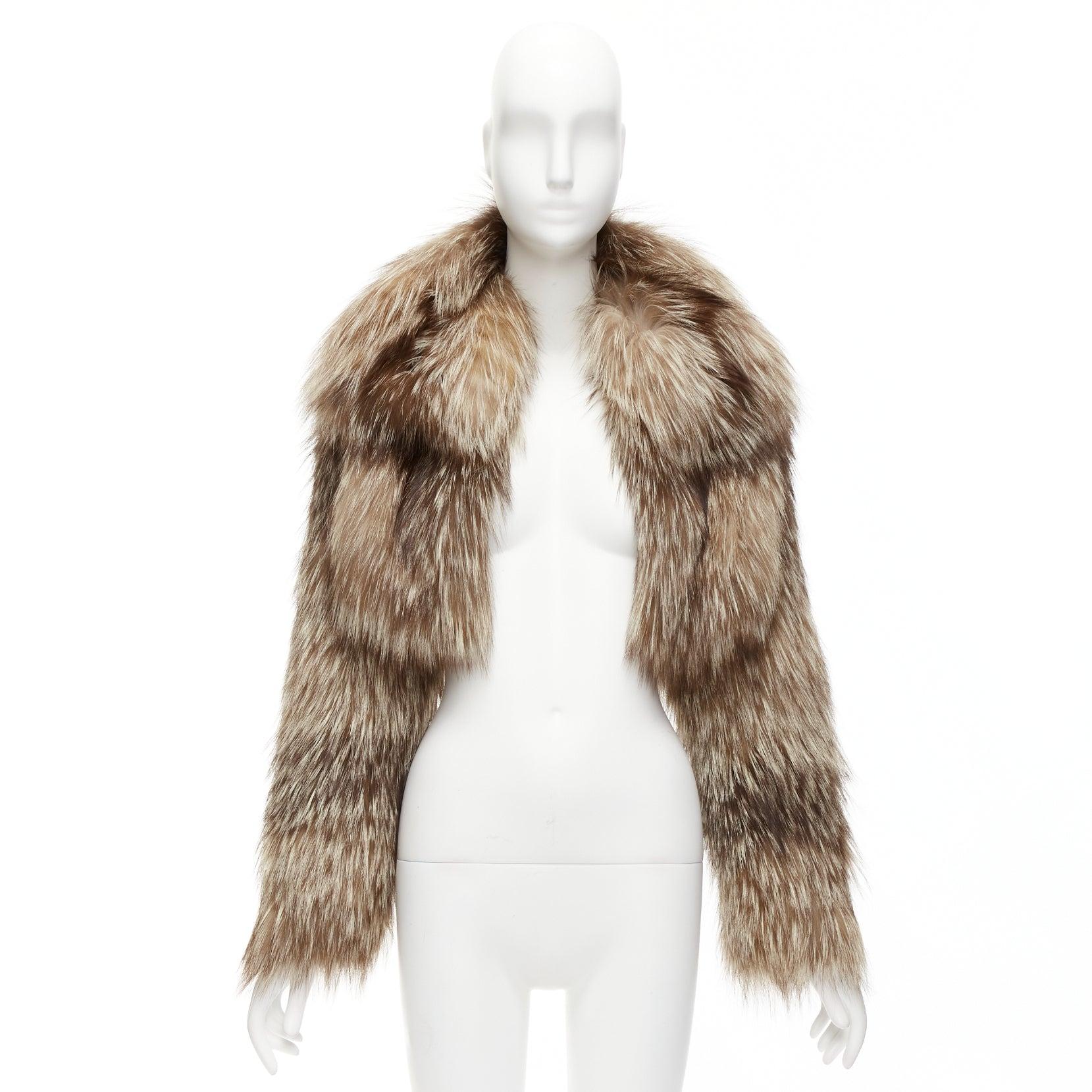 FENDI brown fur long sleeve crop jacket with detachable collar IT36 XXS For Sale 5