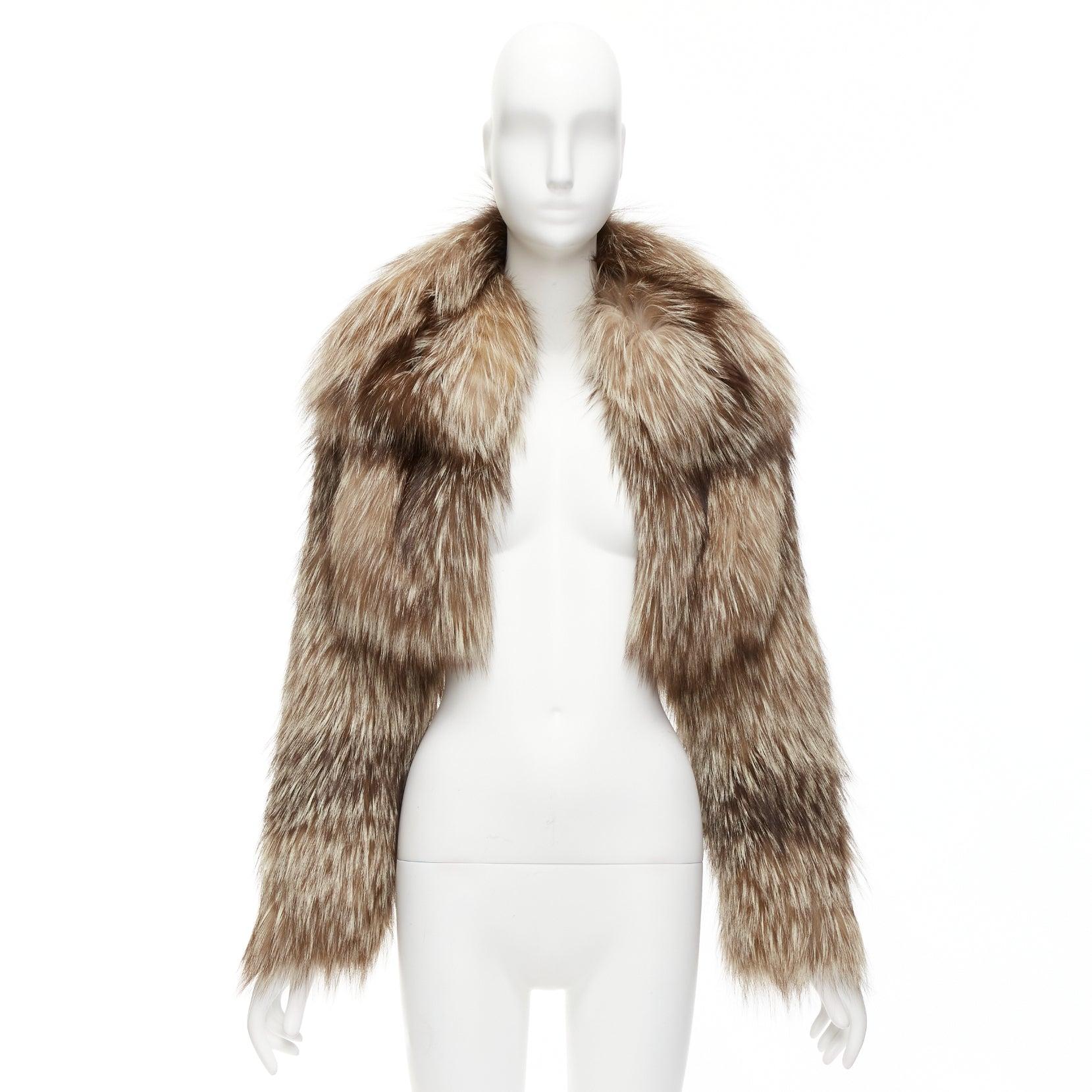 FENDI brown fur long sleeve crop jacket with detachable collar IT36 XXS For Sale 6