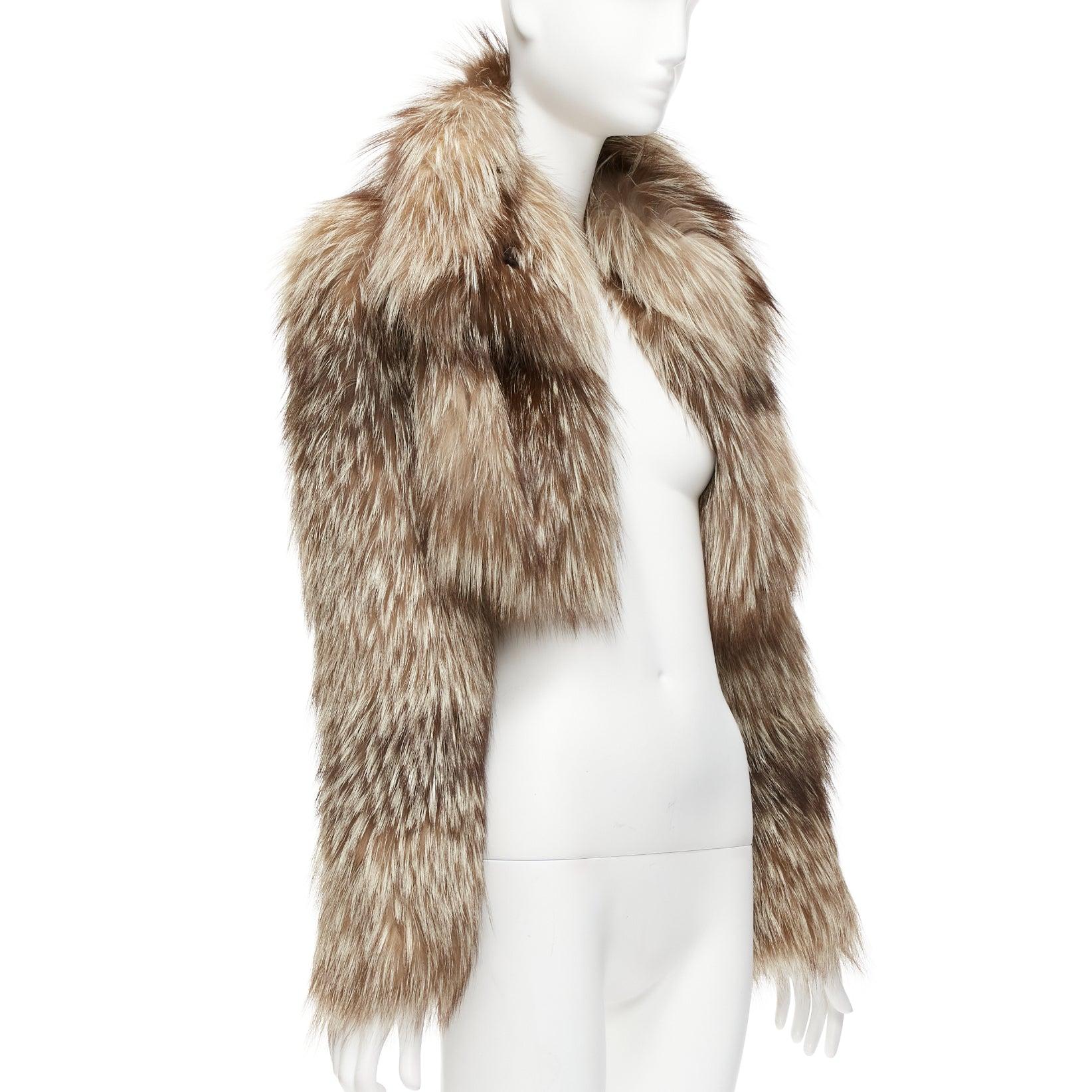 Beige FENDI brown fur long sleeve crop jacket with detachable collar IT36 XXS For Sale