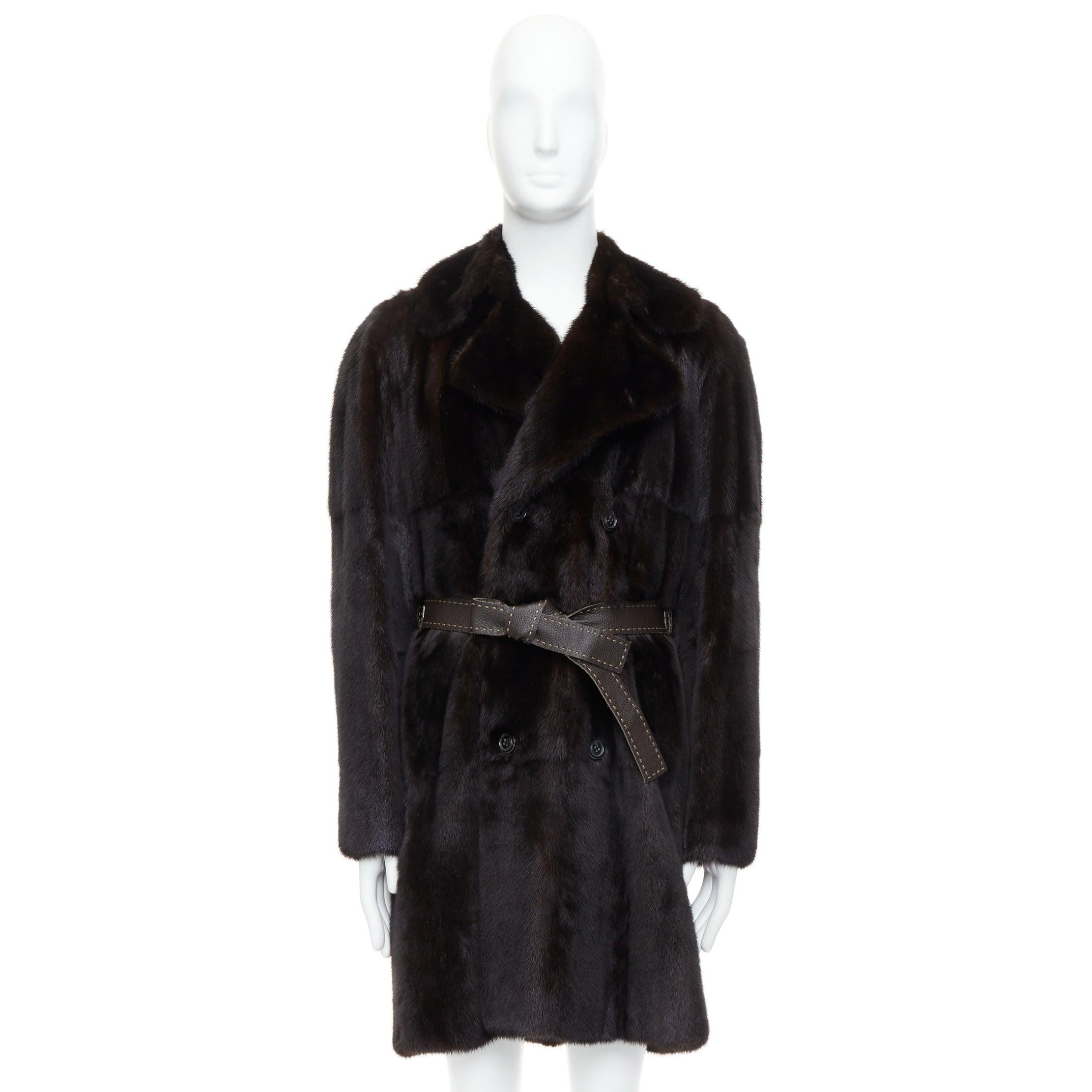 Fendi cappotto marrone in vera pelliccia Selleria doppiopetto con cintura IT48 M in vendita 6