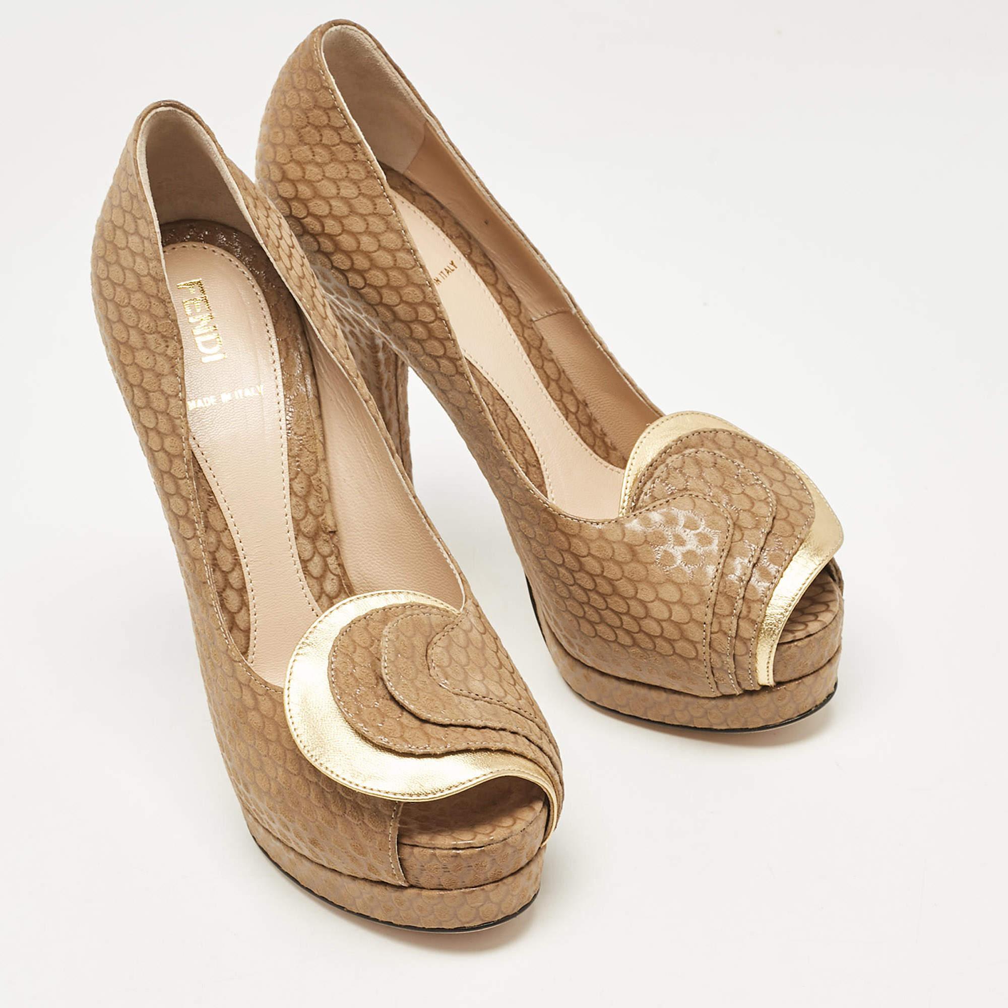 Women's Fendi Brown/Gold Printed Suede and Leather Peep Toe Platform Pumps Size 37