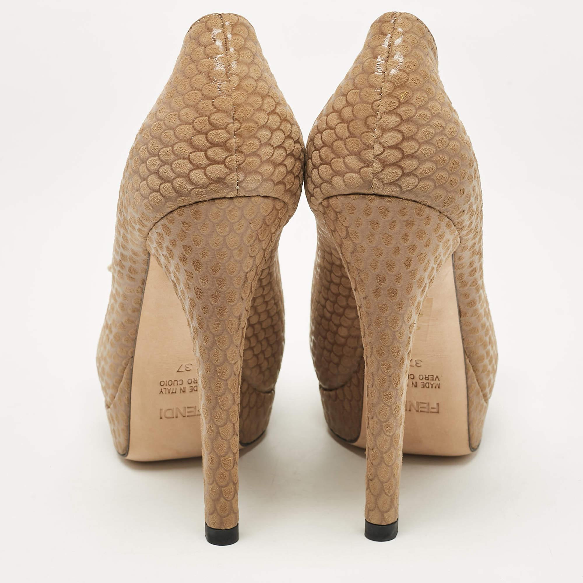 Fendi Brown/Gold Printed Suede and Leather Peep Toe Platform Pumps Size 37 1