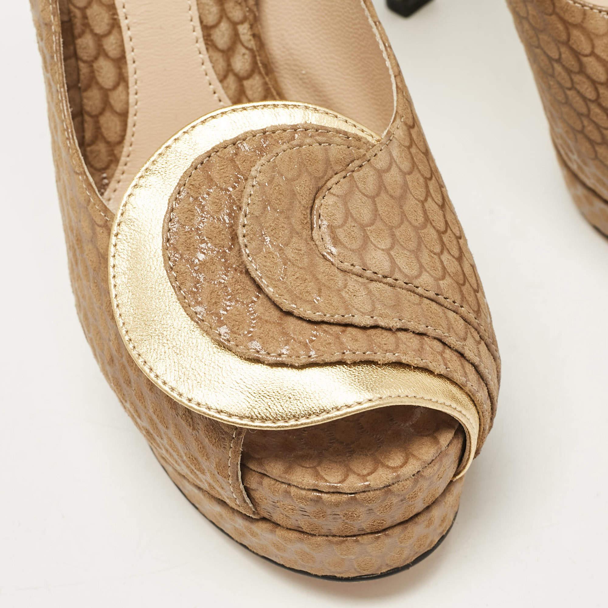 Fendi Brown/Gold Printed Suede and Leather Peep Toe Platform Pumps Size 37 3