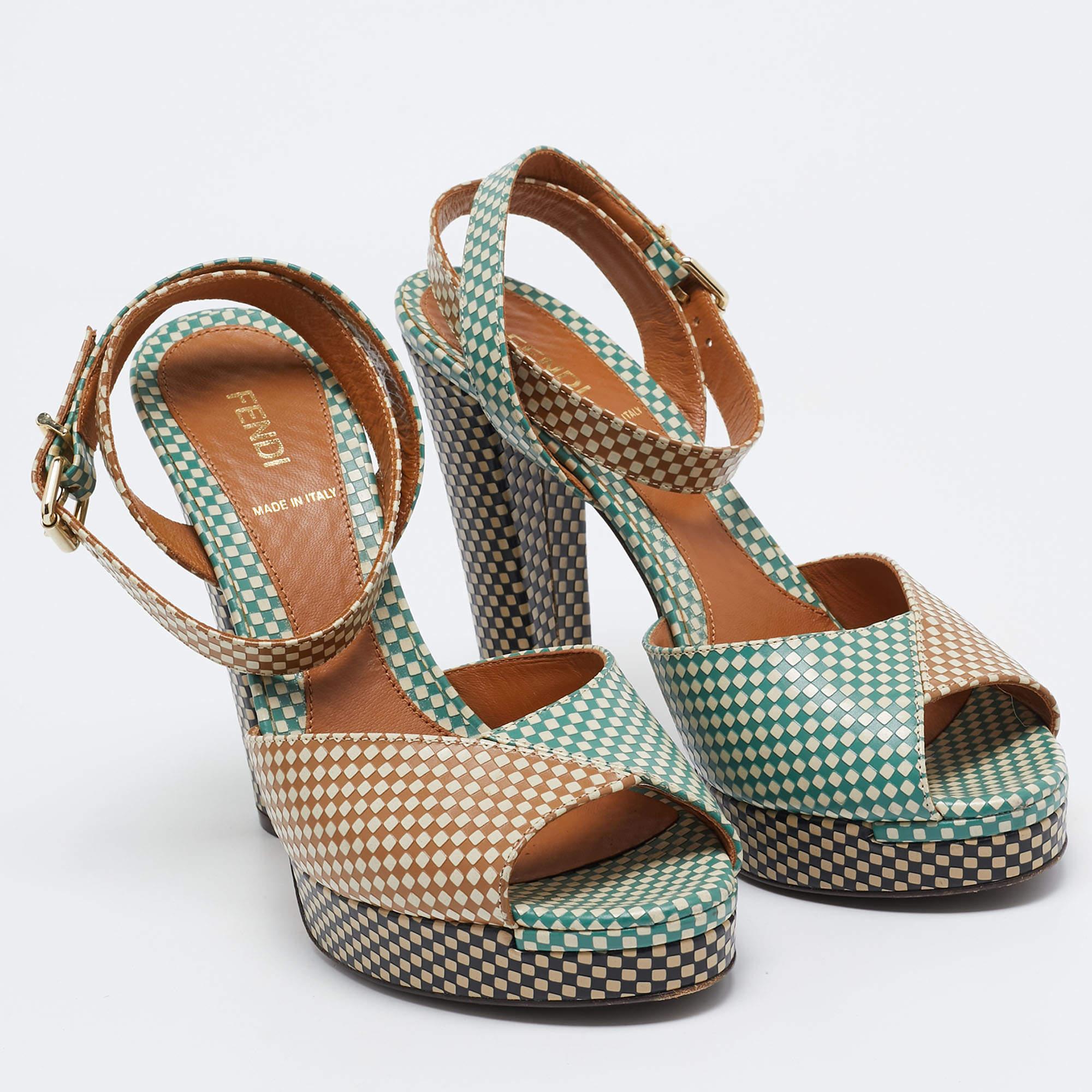 Women's Fendi Brown/Green Checkered Leather Platform Ankle Strap Sandals Size 39