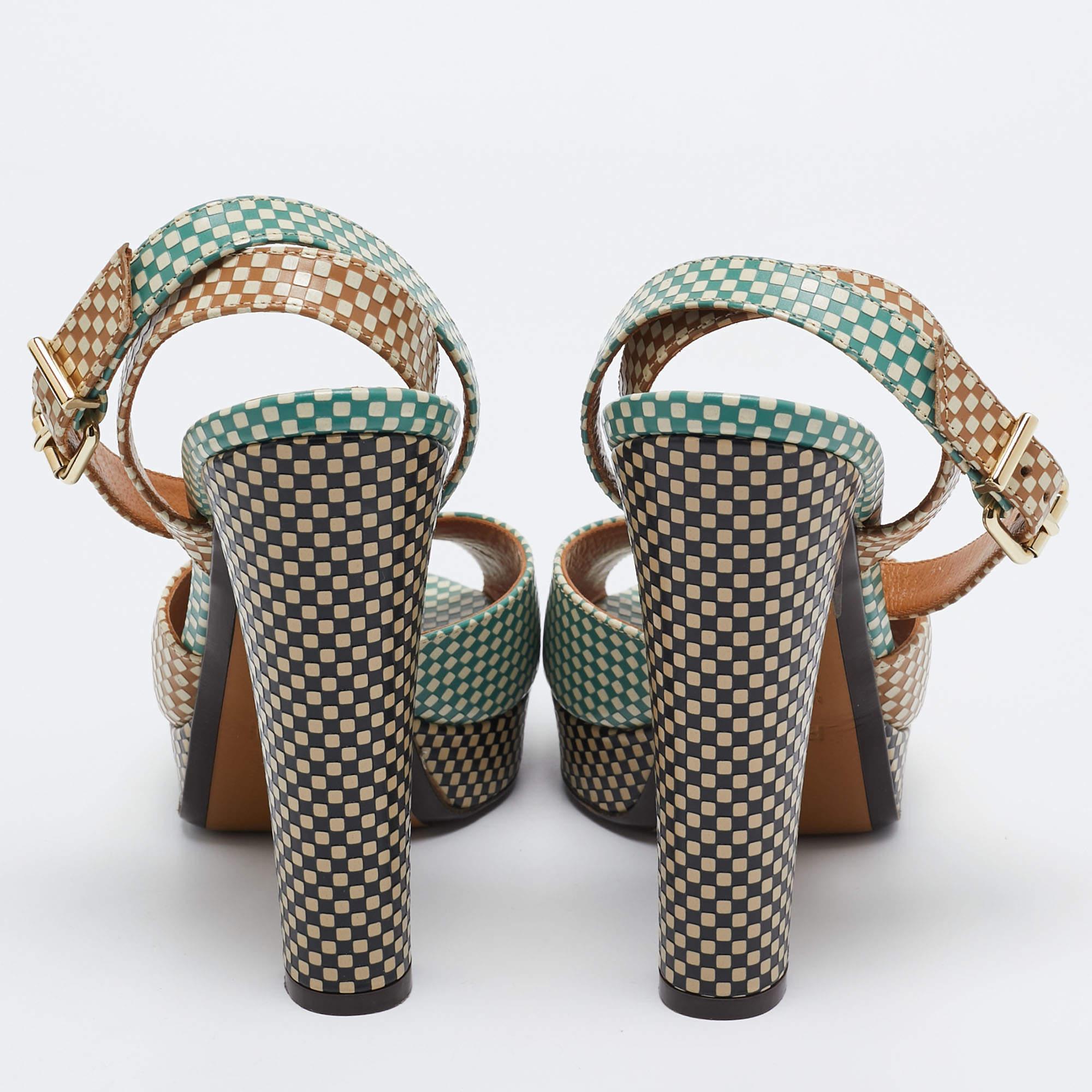 Fendi Brown/Green Checkered Leather Platform Ankle Strap Sandals Size 39 1