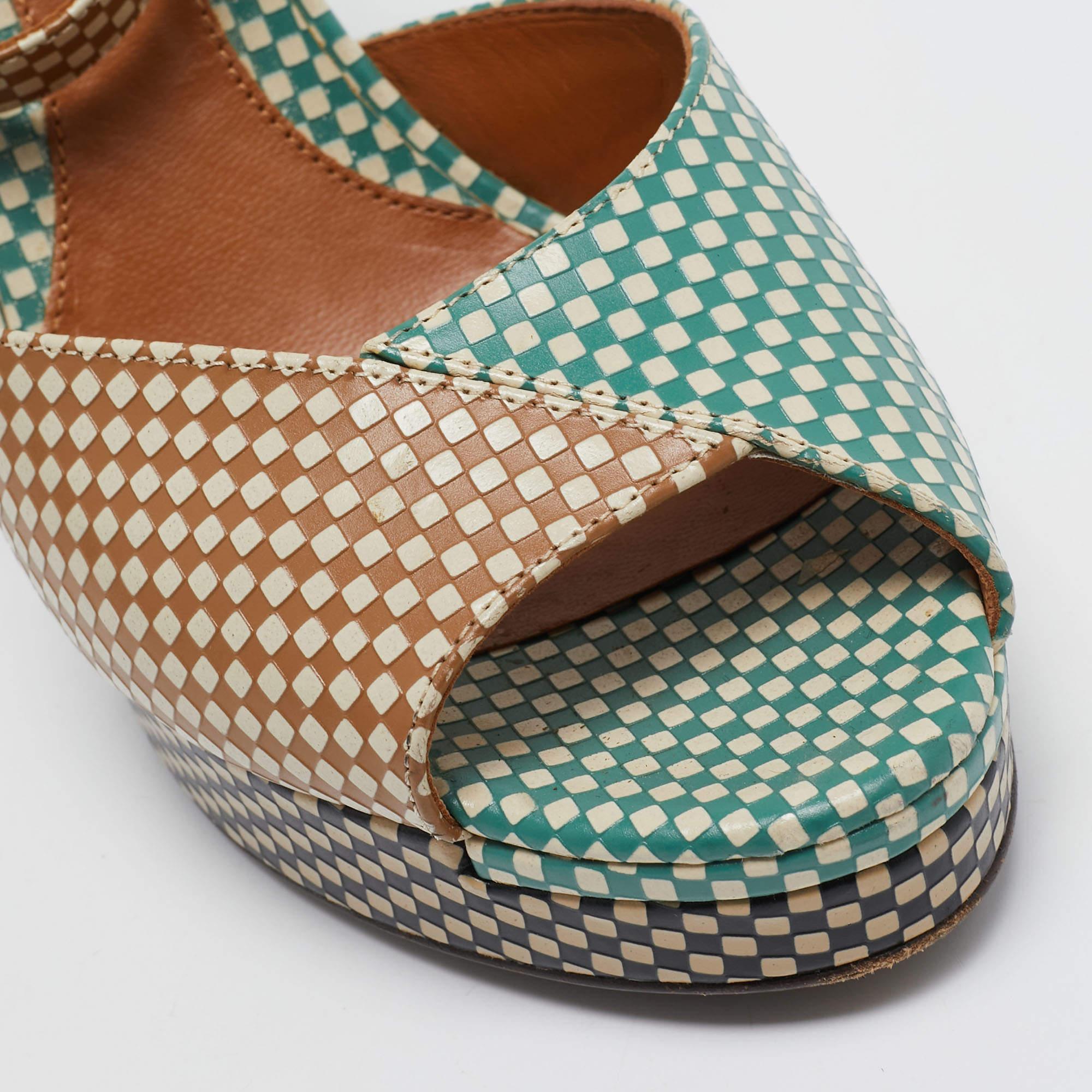 Fendi Brown/Green Checkered Leather Platform Ankle Strap Sandals Size 39 3