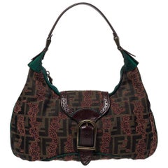 Fendi Brown/Green Zucca Floral Embroidered Canvas and Leather Buckle Flap Hobo