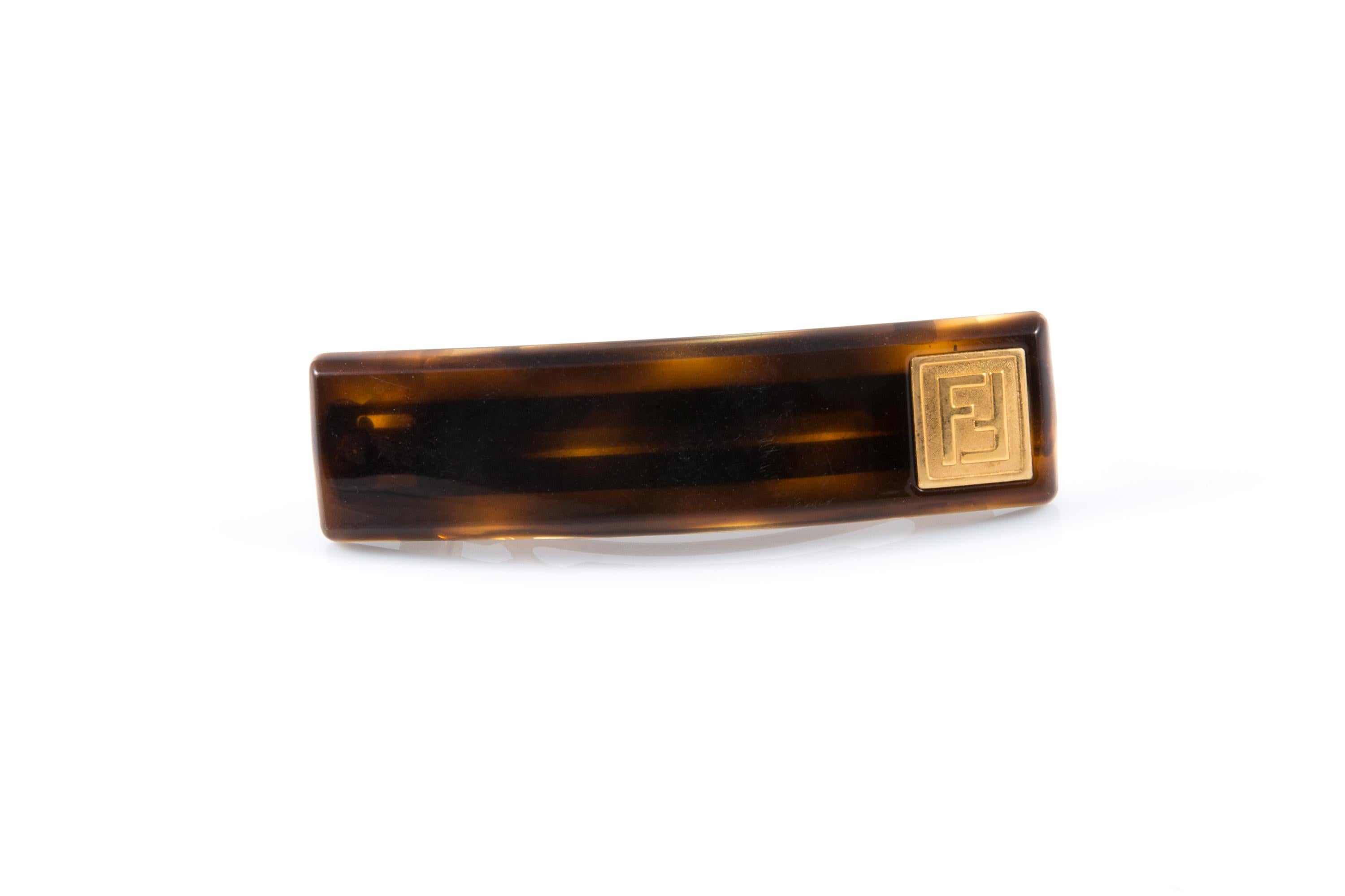 Braune Haarspange von Fendi mit quadratischem, goldfarbenem 