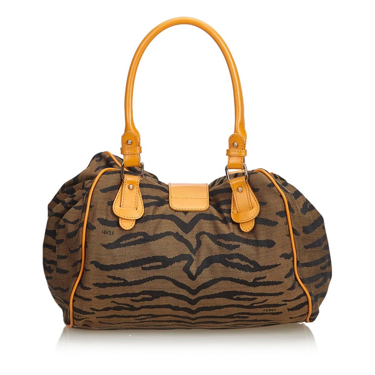 Fendi Brown Jacquard Fabric Tiger Print Handbag Italy For Sale at 1stDibs