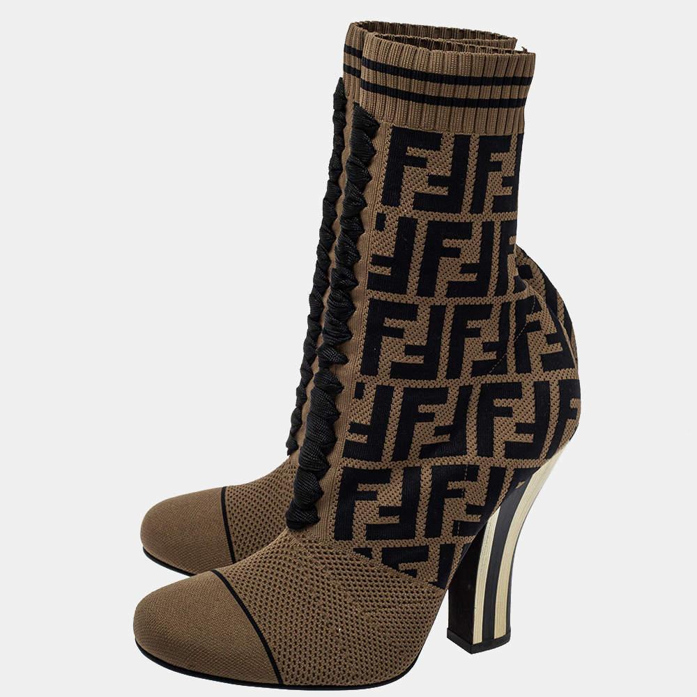 Black Fendi Brown Knit Fabric FF Logo Ankle Boots Size 39