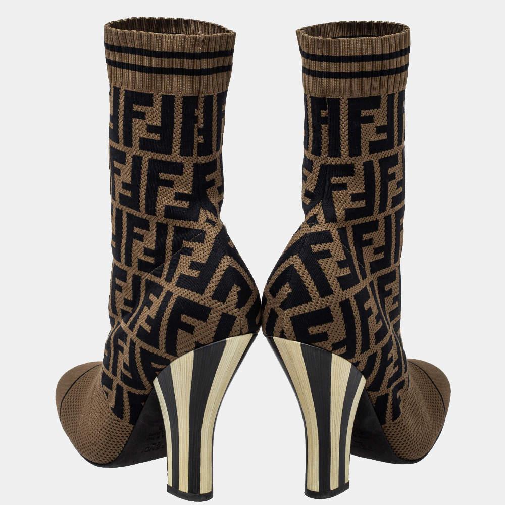 Women's Fendi Brown Knit Fabric FF Logo Ankle Boots Size 39