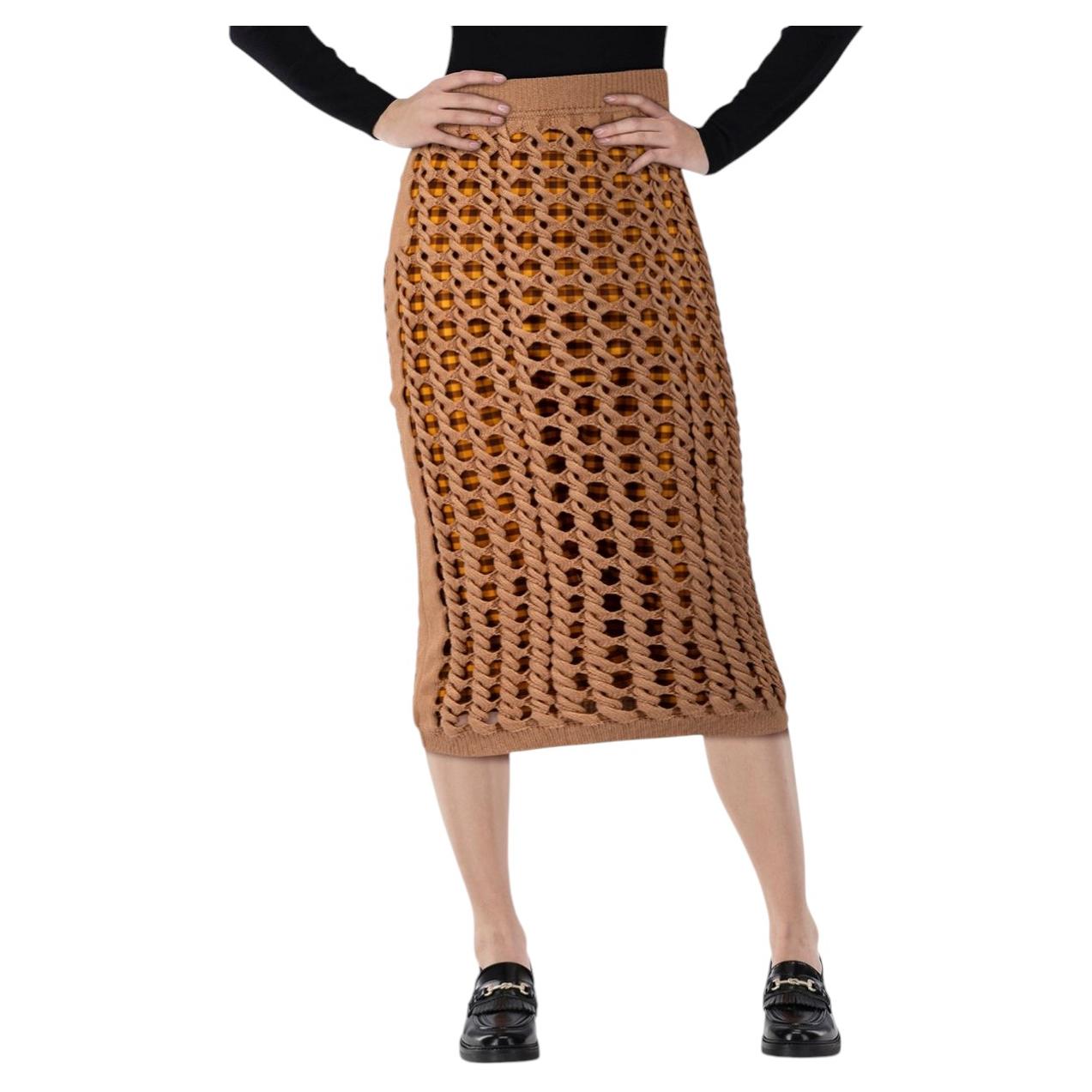 Fendi Brown Knit Gingham Lined Midi Skirt Size XS