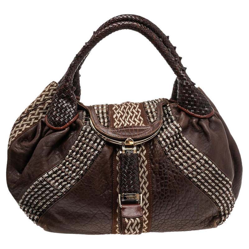Fendi Brown Leather and Fabric Beaded Spy Hobo at 1stDibs