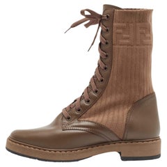 Fendi Brown Leather And Fabric Combat Boots Size 38
