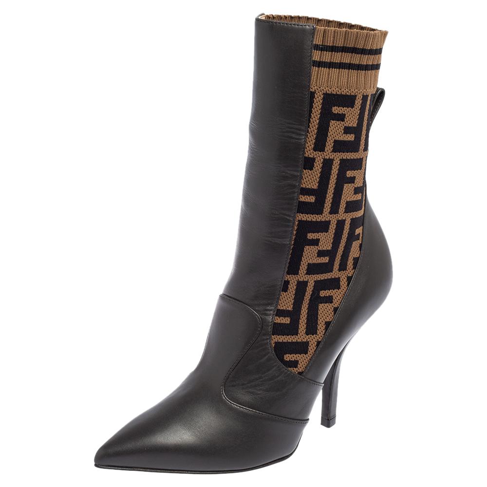 Fendi Brown Leather and Fabric Pointed Toe Ankle Boots Size 36 In New Condition In Dubai, Al Qouz 2